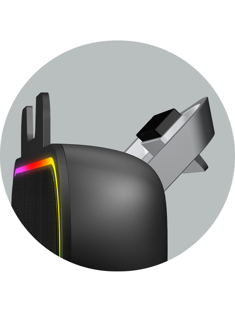 Close-up of the CA-2890GX gaming speaker bar clamp mounting to a monitor edge