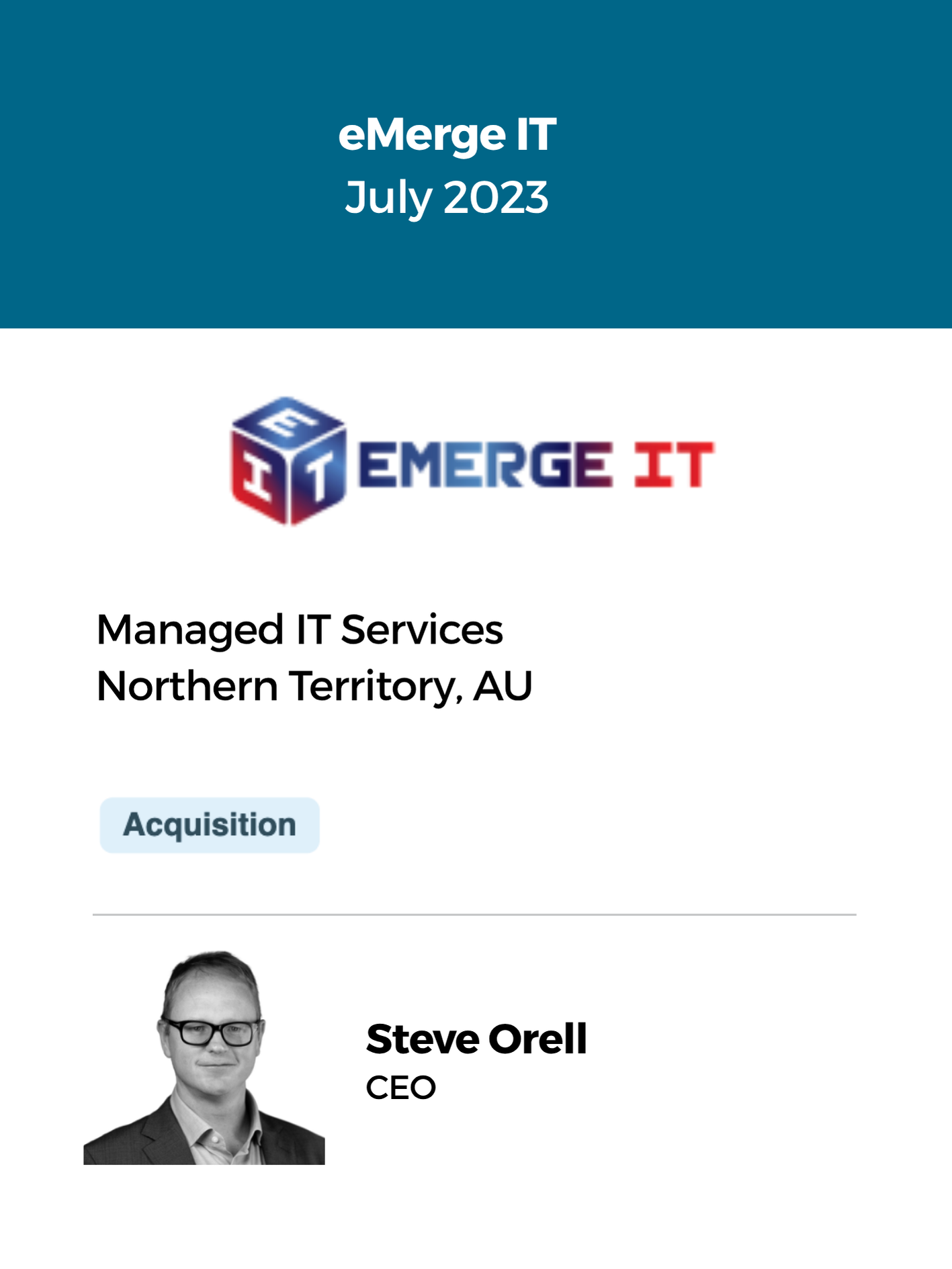 eMerge IT logo with CEO Steve Orell. Managed IT Services business in the Northern Territory, Australia. Acquired July 2023. Business acquisition backed by SMEVentures.