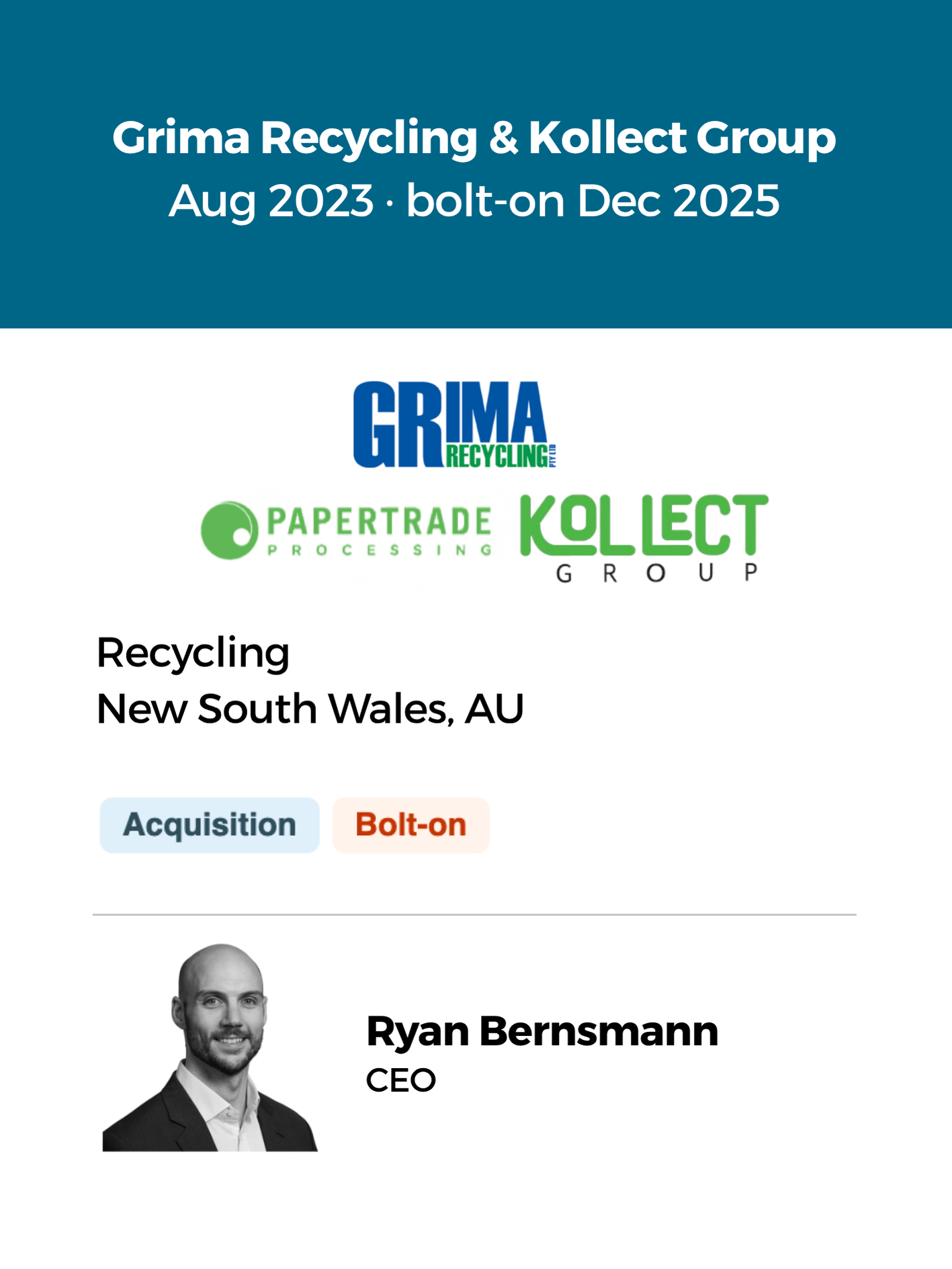 Grima Recycling and Kollect Group logos with CEO Ryan Bernsmann. Recycling business in New South Wales, Australia. Acquired August 2023, bolt-on December 2025. Business acquisition backed by SMEVentures.