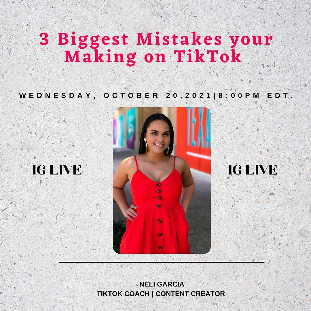 This Wednesday I&rsquo;ll be on IG live talking about the TOP 3 Mistakes your making on Tiktok‼️‼️✨✨✨

&amp; Why your views are low☹️‼️‼️‼️

Make sure you save the date and tune in at 8pm EDT‼️‼️🥰✨

#tiktokcoach #reelscoach #socialmediamanager #digi