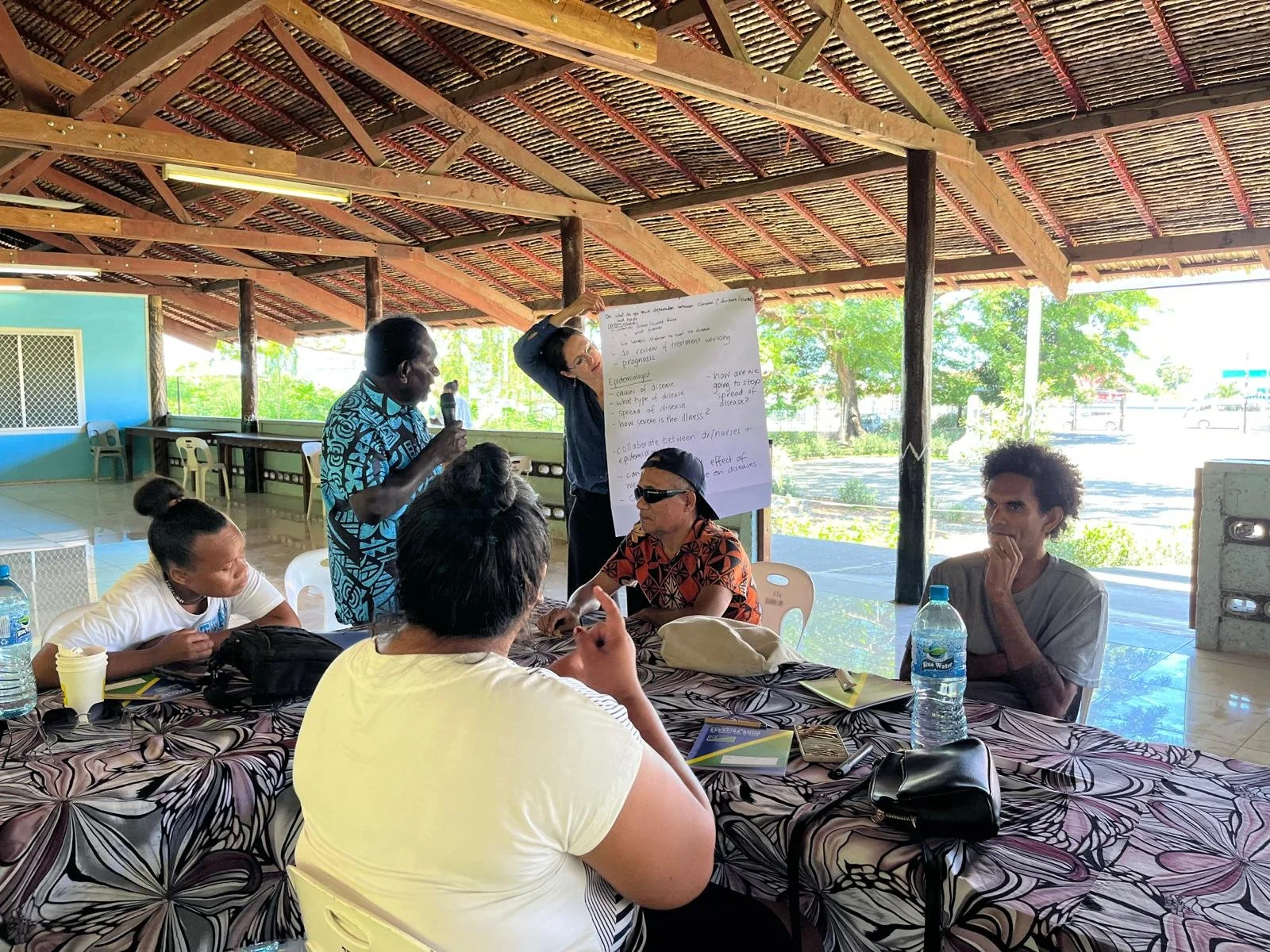 A group of GEDSI workshop participants sit around a table while one participant stands and speaks. Another person holds up a large sheet of paper covered in handwritten notes.