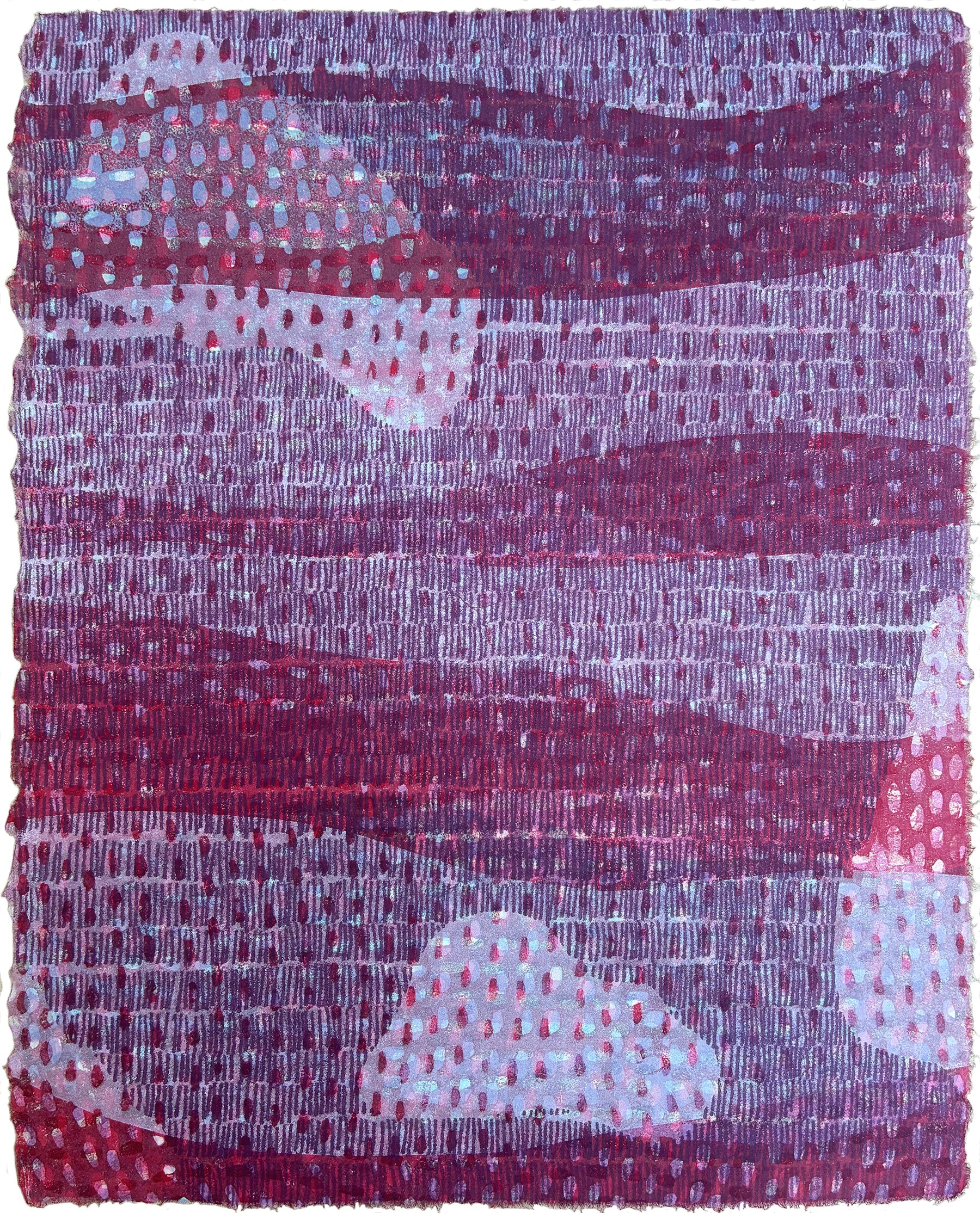 Magic Fabric 1. Linocut and trace monotype. 9"x 7.5". 2026.