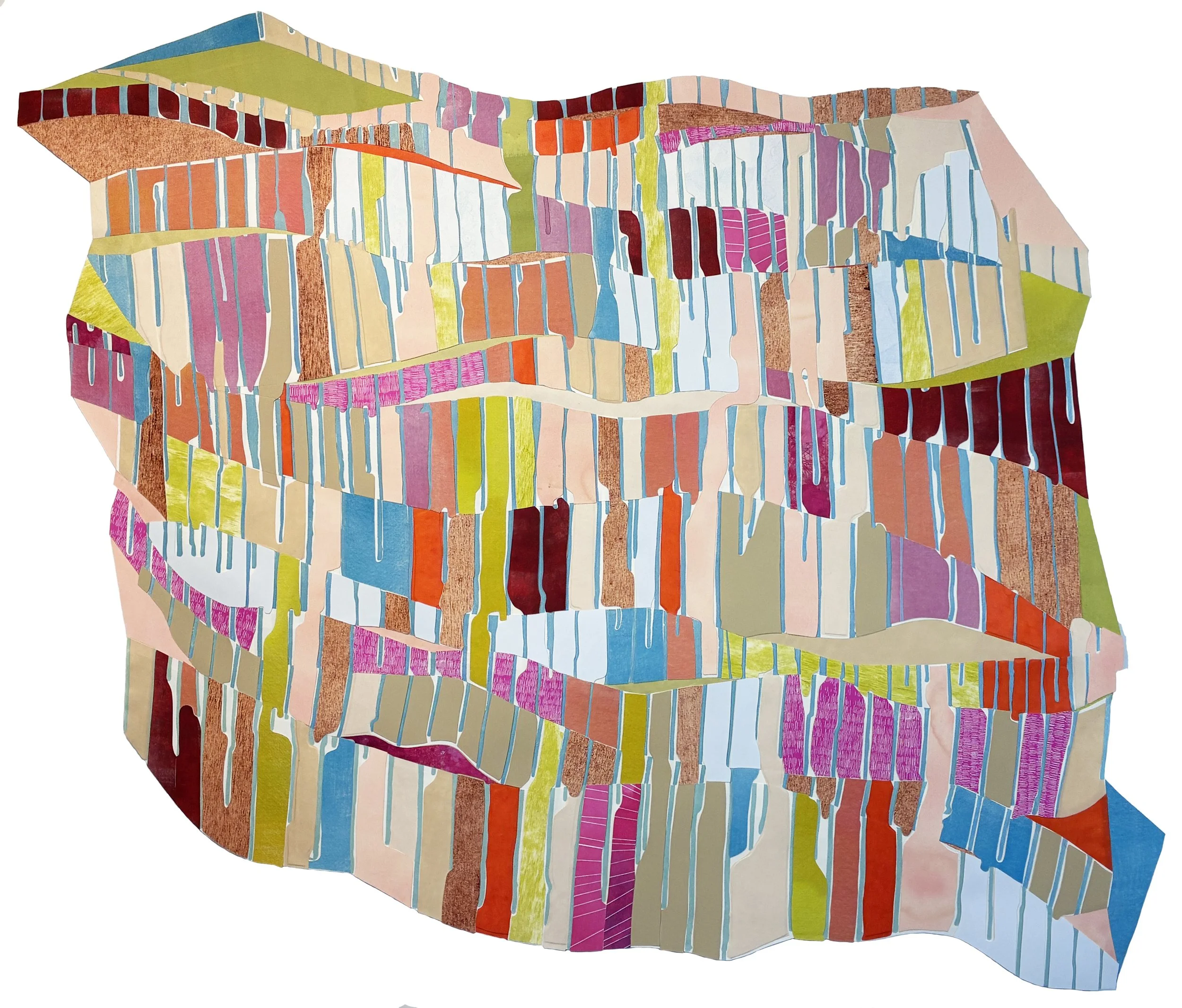 Restructure. Collage composed of etchings, screenprints, woodblock prints, and gouache on paper. 38"x 42". 2026.