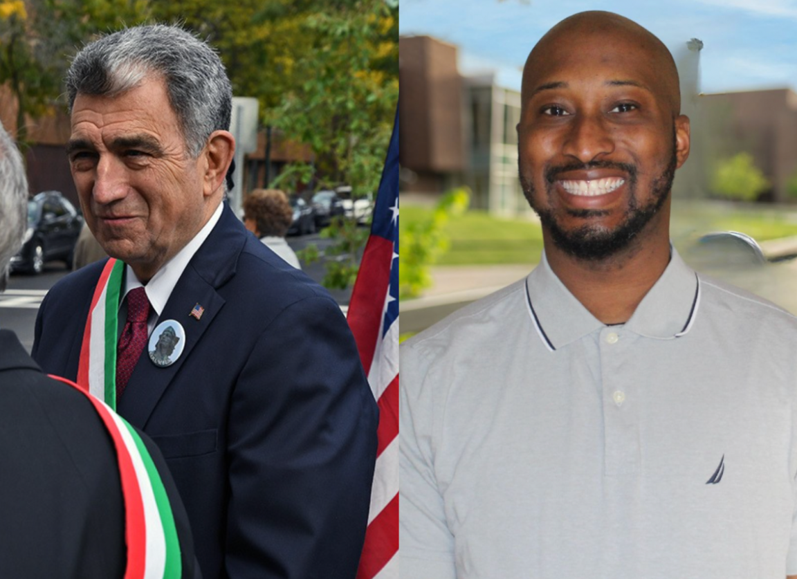 Two men, one older with gray hair wearing a suit and pin with a flag, the other younger with a beard smiling, wearing a light-colored polo shirt, are shown in separate settings.