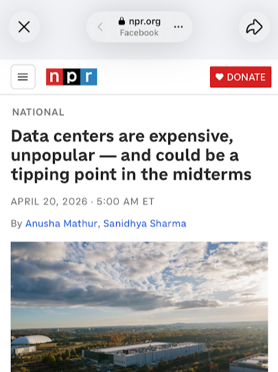 Screenshot of an NPR.org webpage displaying an article titled "Data centers are expensive, unpopular — and could be a tipping point in the midterms" with a photo of a landscape with clouds above data centers or industrial buildings.