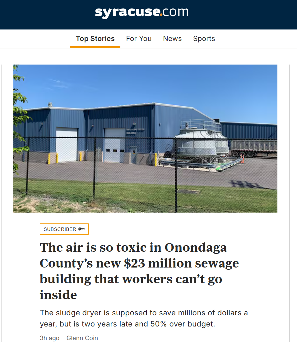 Screenshot of a news article on syracuse.com about a new sewage building in Onondaga County, with a photo of an industrial building and equipment outside.
