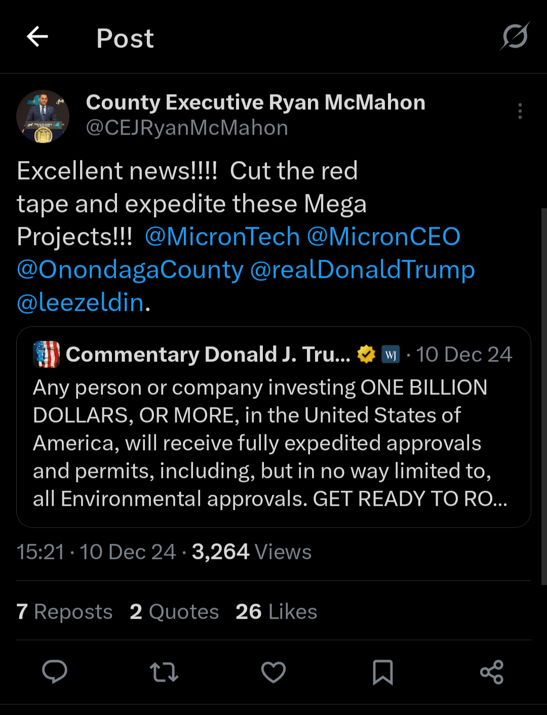 A screenshot of a social media post from County Executive Ryan McMahon praising a news story about expedited approvals for billion-dollar investments in the United States, with references to several Twitter handles.
