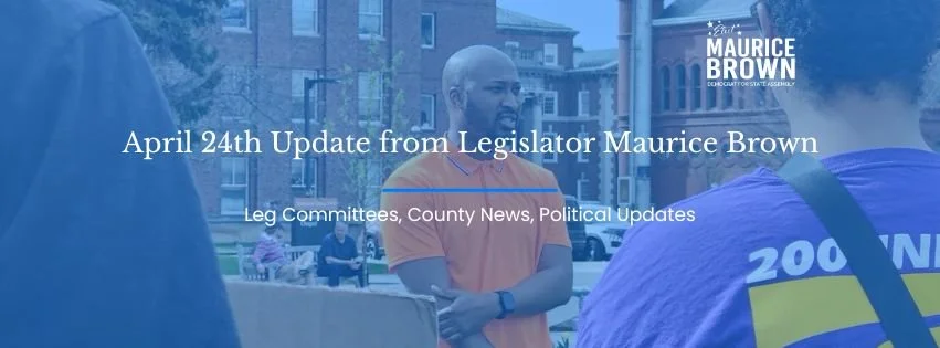 Image of a man with a beard and earbuds, with text overlay about a legislative update from Maurice Brown on January 26th, covering leg committees, county news, and political updates.