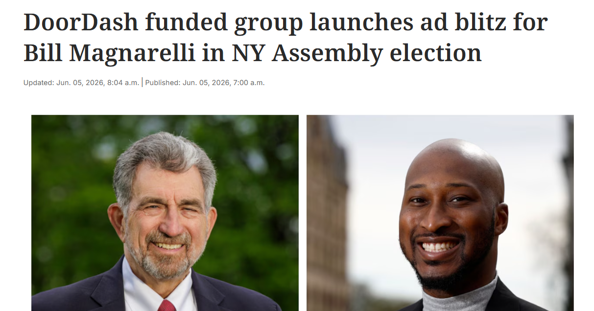 Screenshot of a news article with the headline about DoorDash funded group launching an ad blitz for Bill Magnarelli in NY Assembly election, showing photos of two smiling men, one with gray hair and beard, the other bald, in outdoor settings.