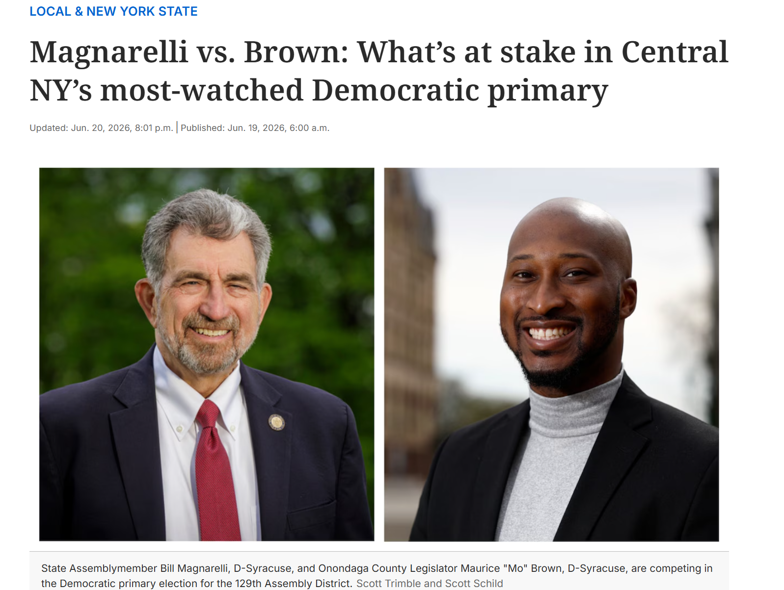 Side-by-side photos of two men: on the left, an older man with gray hair and a beard wearing a dark suit, white shirt, and red tie, outdoors with green trees in the background; on the right, a bald man with a beard wearing a dark suit and light gray turtleneck, outdoors with an out-of-focus city street background.