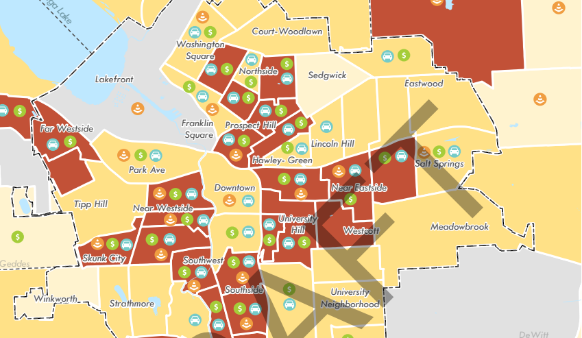 Map of Omaha, Nebraska highlighting neighborhood districts with icons indicating parks, transportation, and development projects.