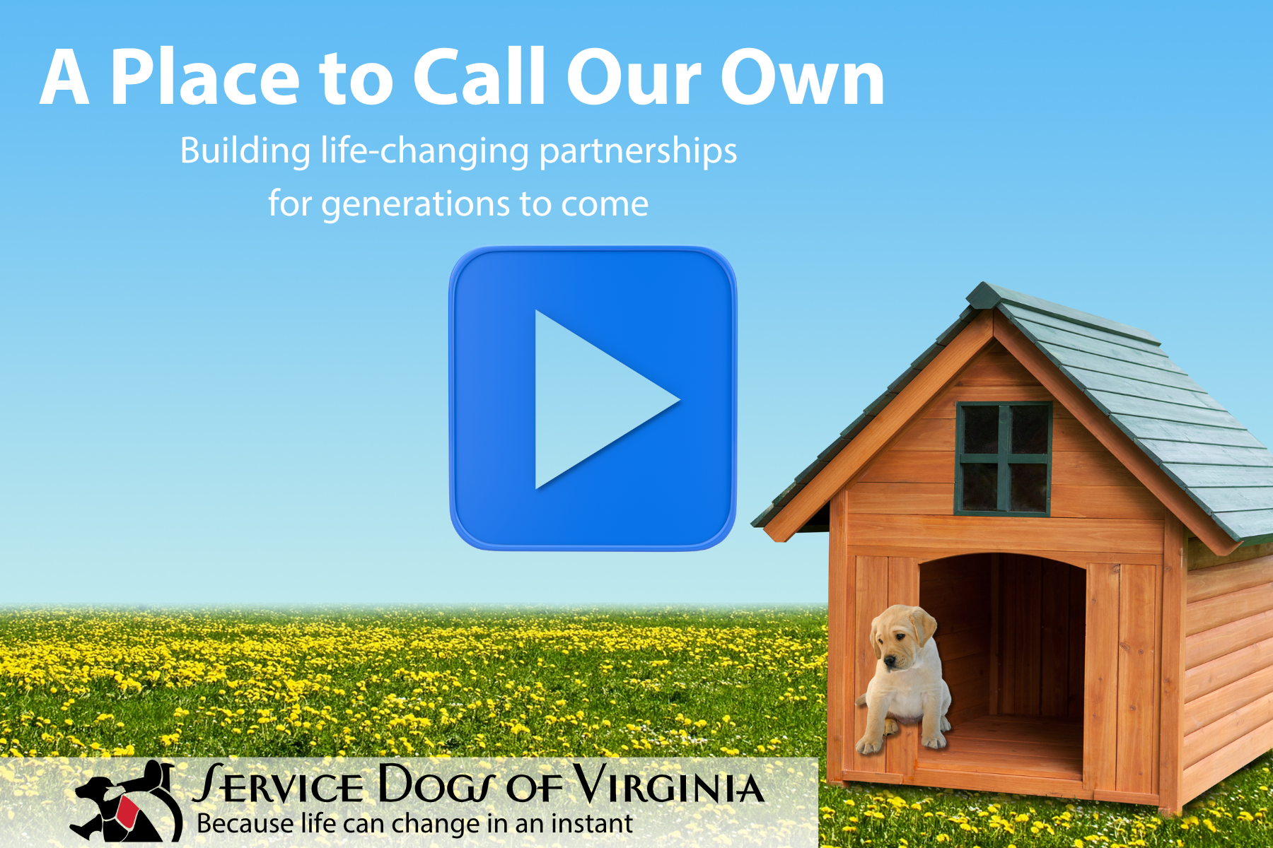 A promotional graphic for Service Dogs of Virginia with a bright blue sky, a field of yellow flowers, a wooden doghouse with a puppy, a large blue play button icon, and text that reads: 'A Place to Call Our Own. Building life-changing partnerships for generations to come.'