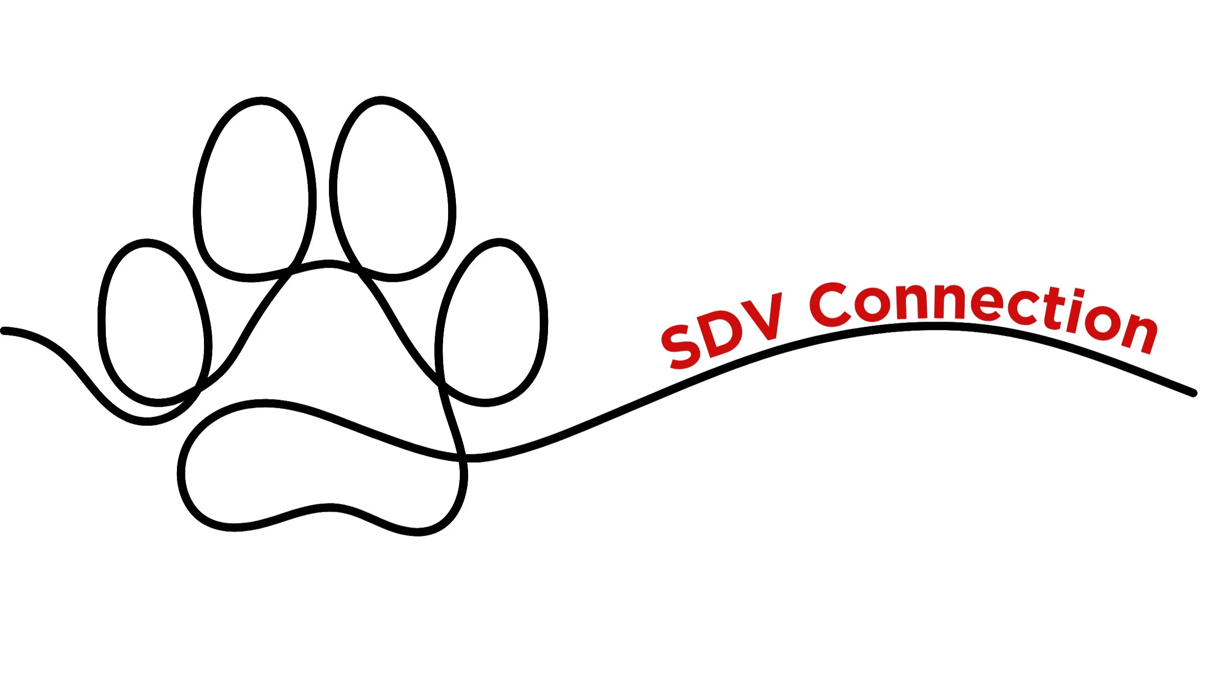 A stylized black dog paw print with the words 'SDV Connection' in red to the right, connected by a black curved line.