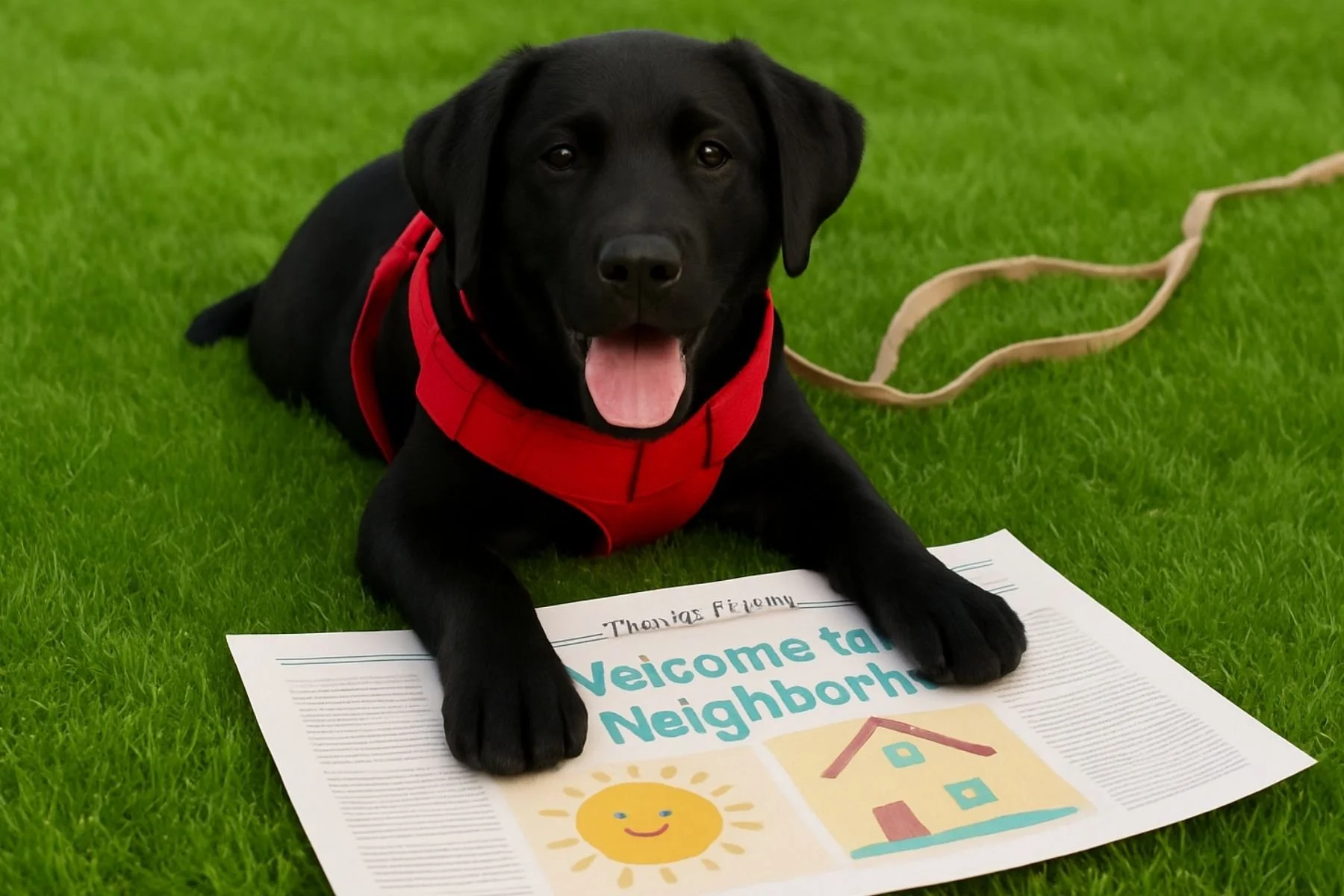 A black Labrador puppy wearing a red harness, lying on green grass with a welcome to the neighborhood flyer in front of it, tongue out, smiling.