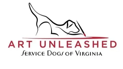 Logo of Art Unleashed Service Dogs of Virginia featuring a line drawing of a dog's nose and paw with the organization name in maroon and black text.