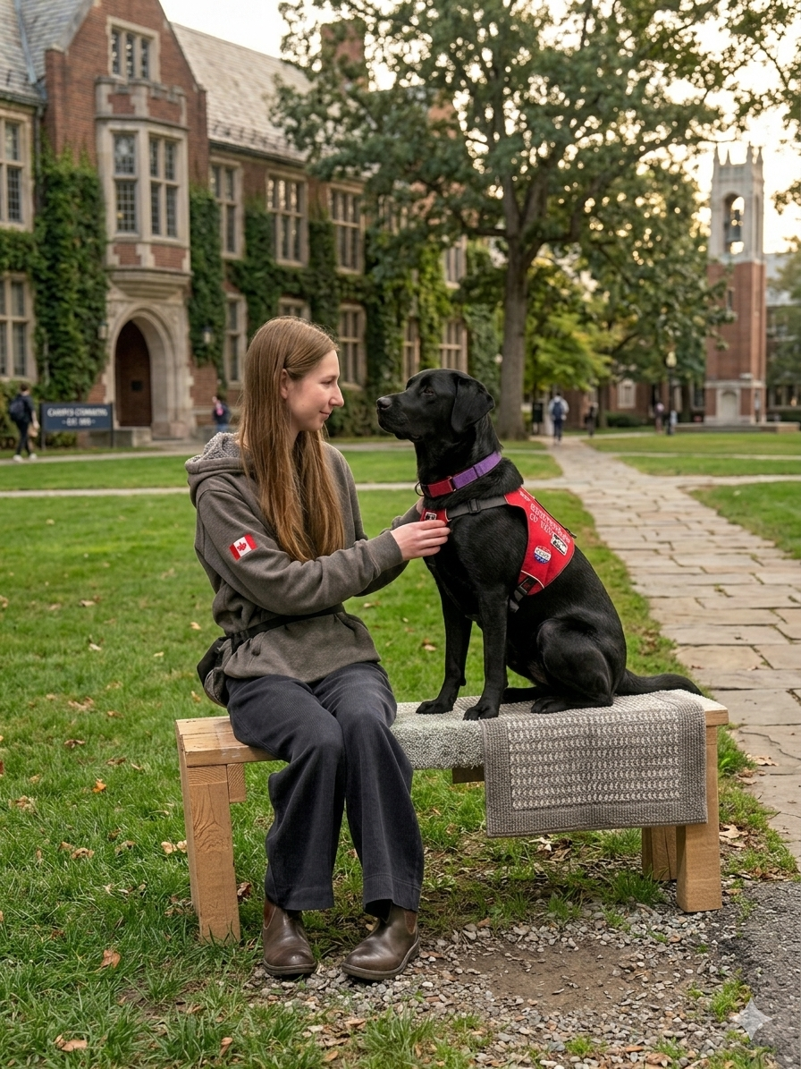 A woman sitting on a wooden bench outdoors, adjusting a purple collar on a black Labrador retriever wearing a red service vest. The setting appears to be a college campus or park with a brick building covered in ivy in the background and a church tower visible in the distance.