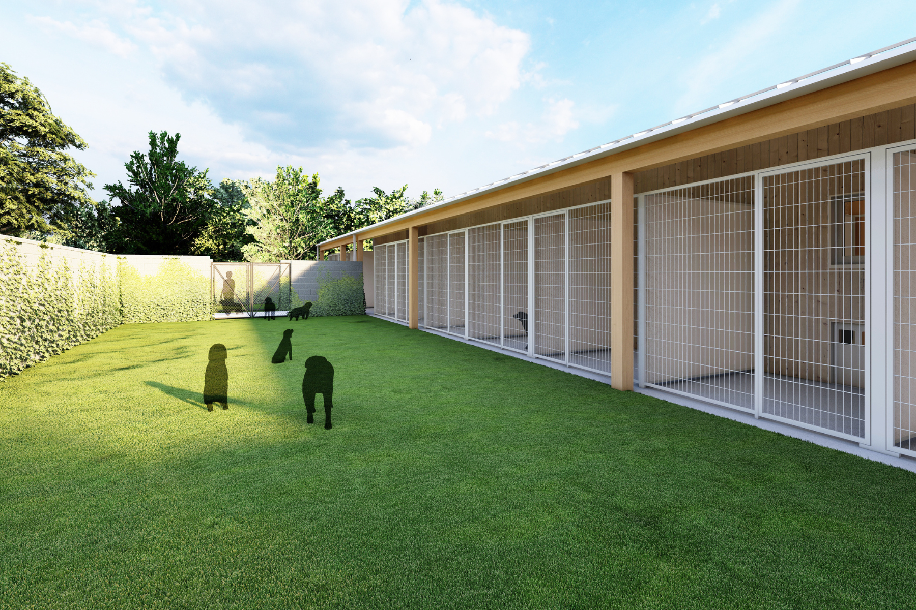 Dog kennels with fenced outdoor play area, grass, trees, and a sky with clouds.