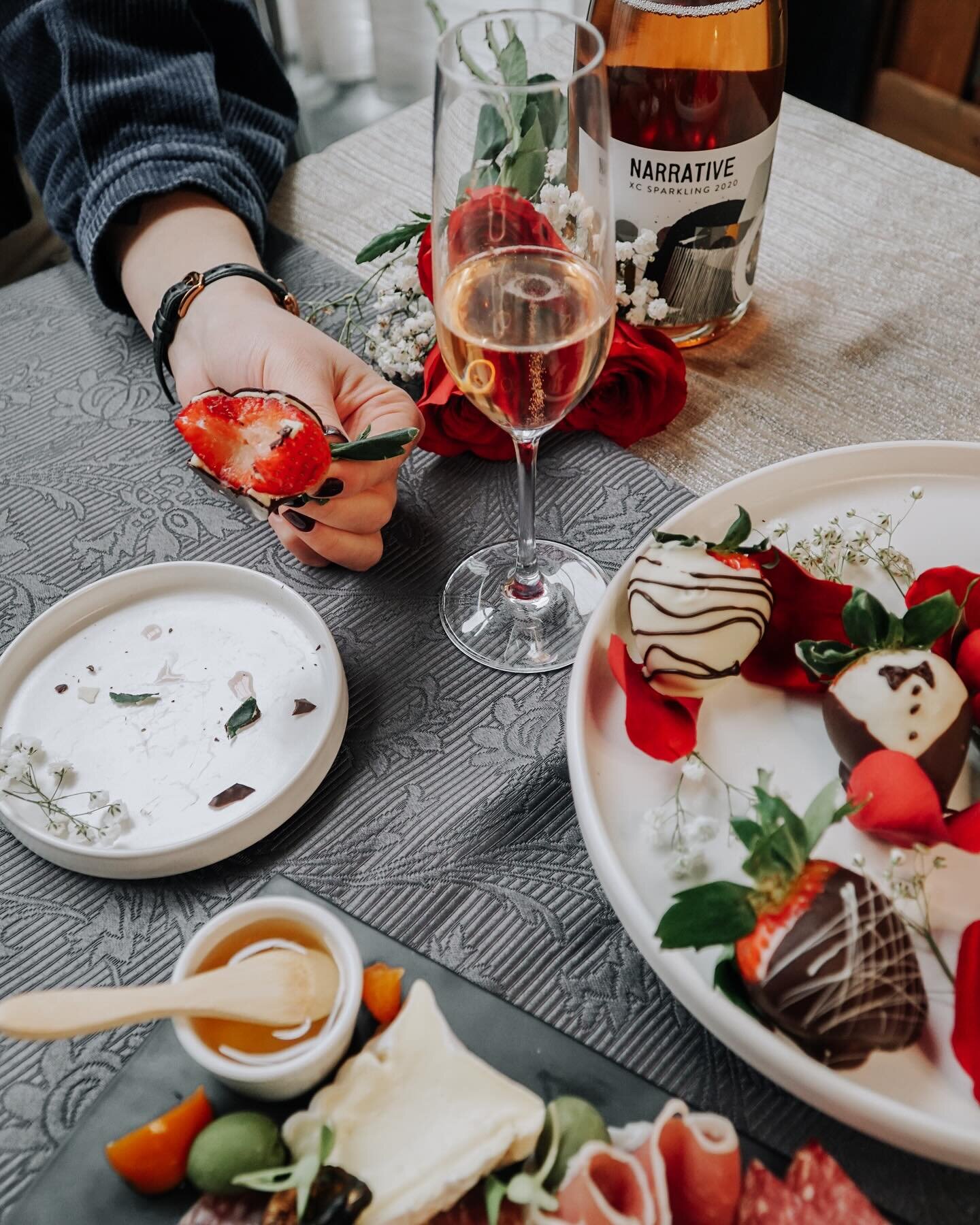 This Valentine&rsquo;s Day, let our curated delights elevate your celebration of love 💕 

Enjoy our decadent chocolate covered strawberries and Narrative sparkling. With an add on of our savoury Artisan Cheese and Charcuterie for two 👨🏼&zwj;❤️&zwj