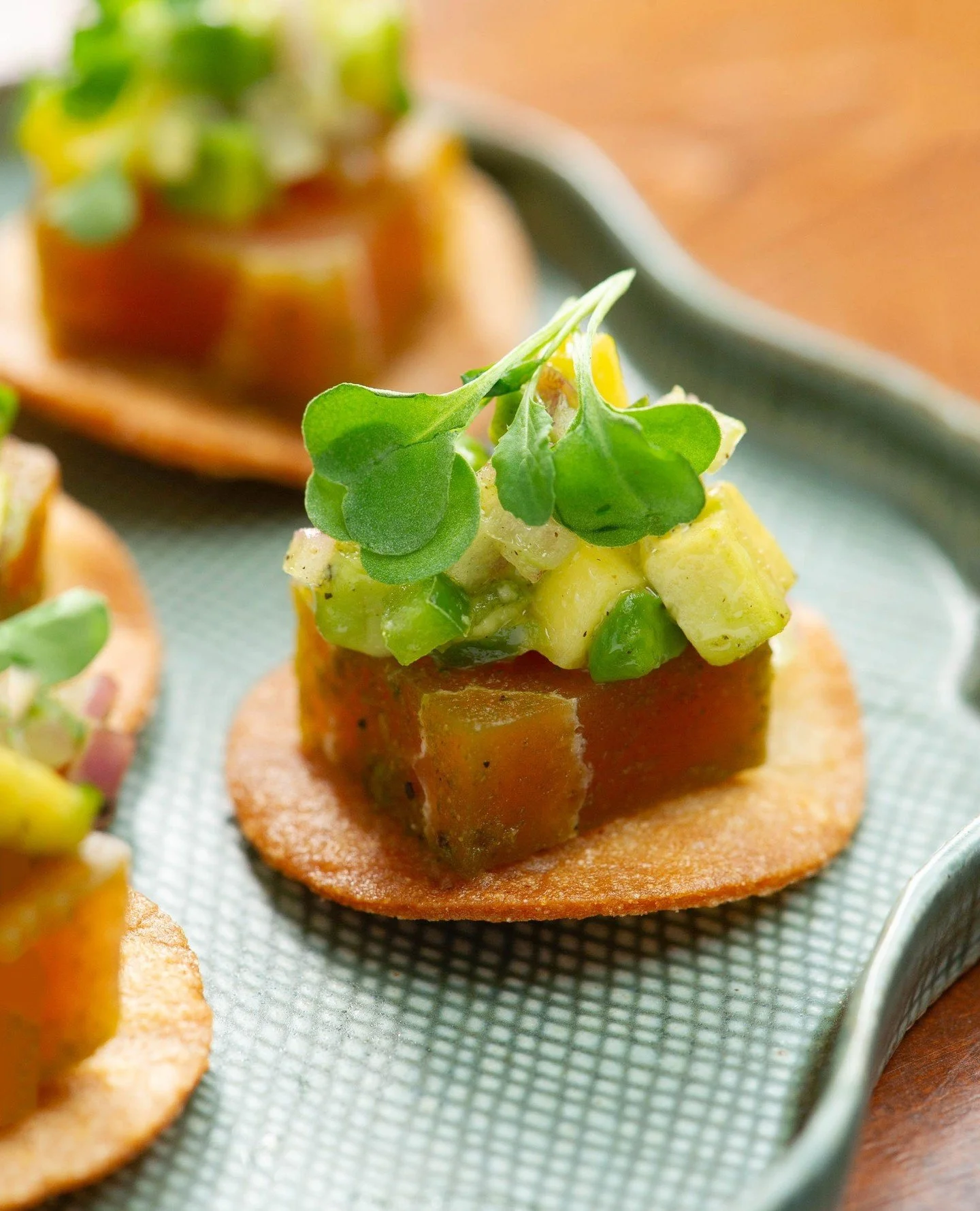 The season's changing, and so are our menus! For now, here's a look back at a few vegetarian fan faves from our summer canap&eacute;s menu:⁠
⁠
1. &ldquo;Tuna&rdquo; Aguachile: mango &amp; avocado salsa, tostada ⁠
2. Dhokla: corn, sage aioli⁠⁠
3. Miso