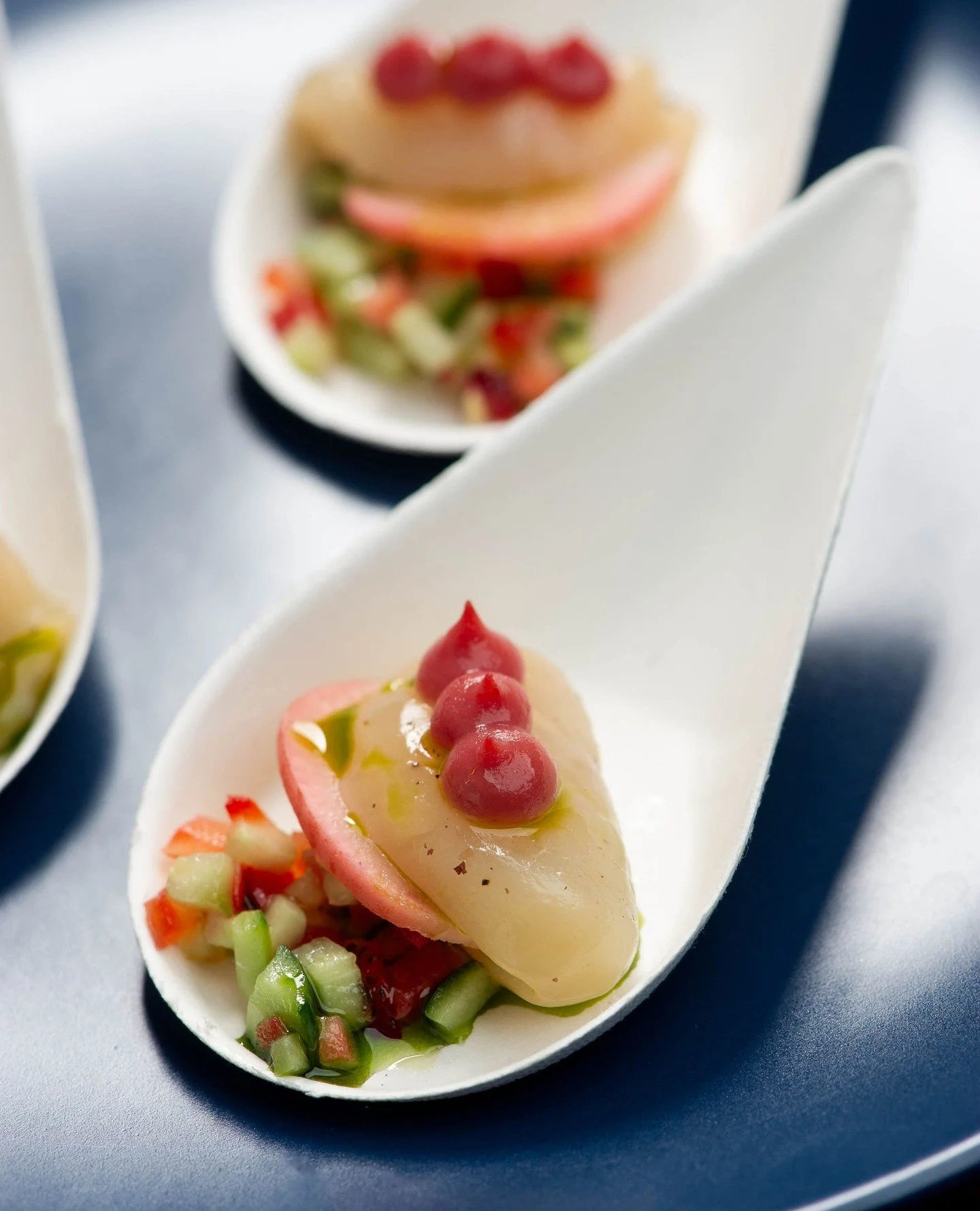 Good things come in small packages. 🧡 These two seafood canap&eacute;s are proof!⁠
⁠
1. Scallop Crudo: Strawberry, dill oil, pickled radish ⁠
2. Prawn, Peach &amp; Ricotta: Basil, champagne emulsion⁠
⁠
Which one would you reach for first at a recept