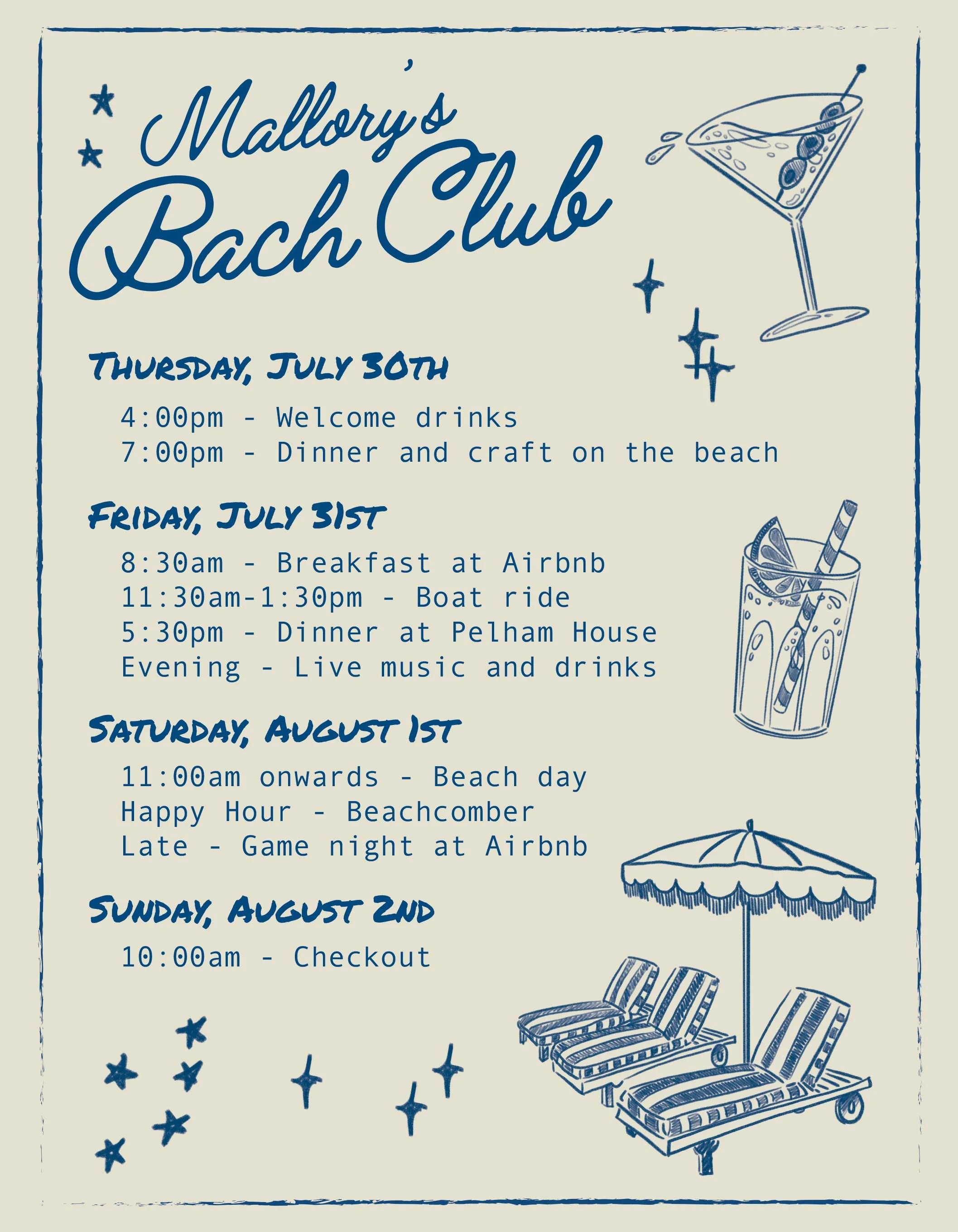 Itinerary for bachelorette