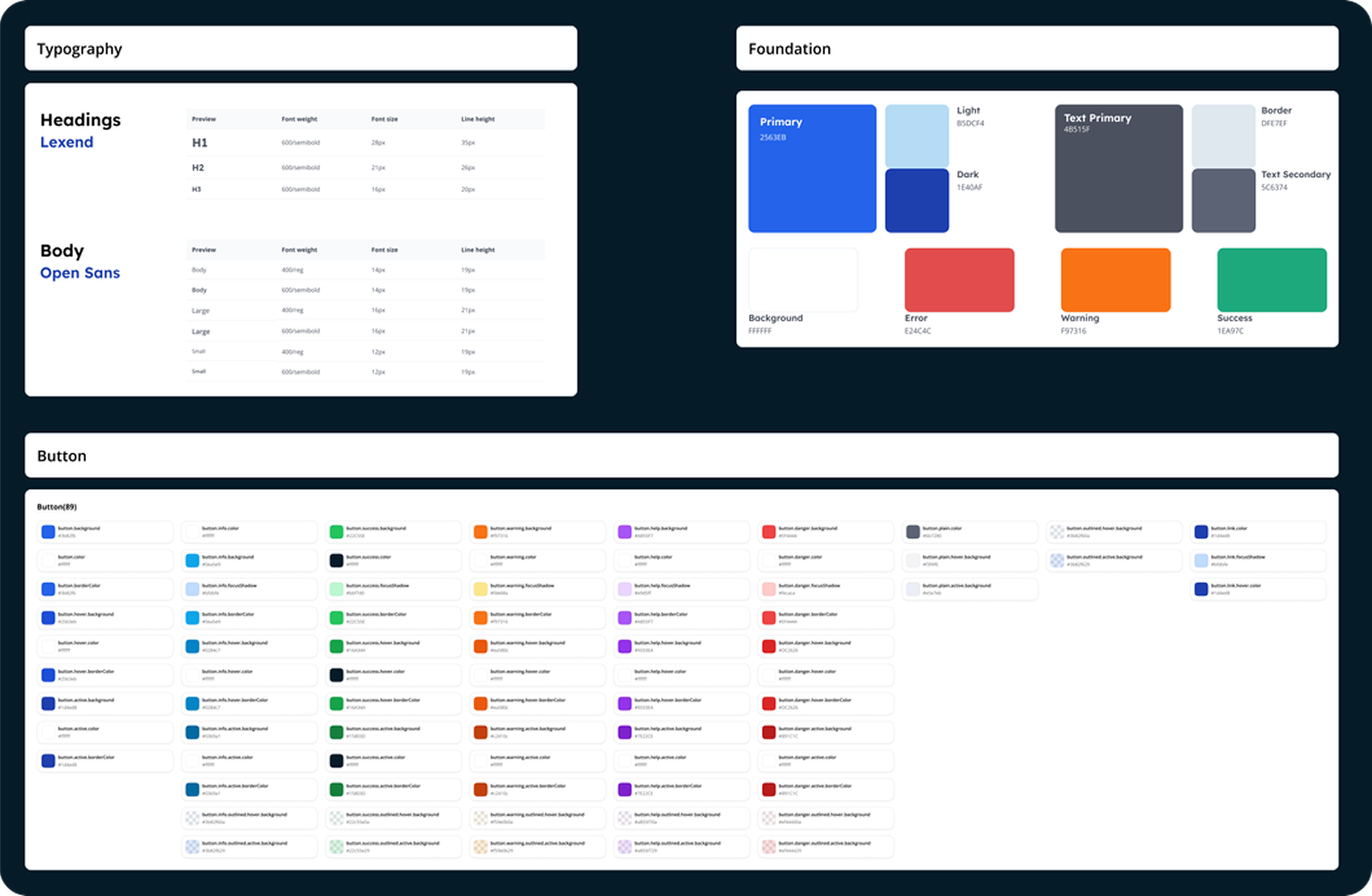Token-based design system built on PrimeVue, showing customised components, colour tokens and typography styles