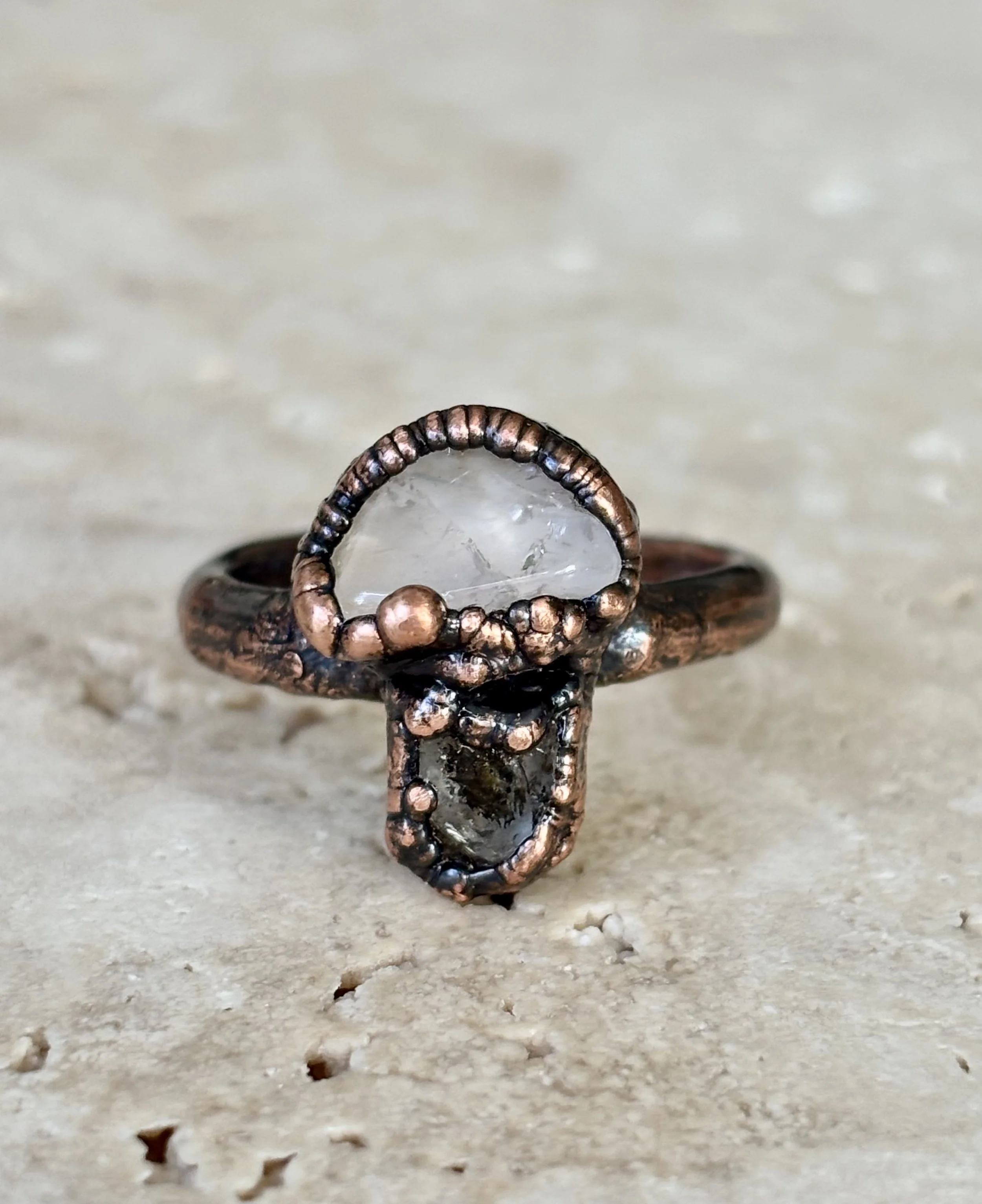 Rose Quartz and Tibetan Quartz Copper Ring