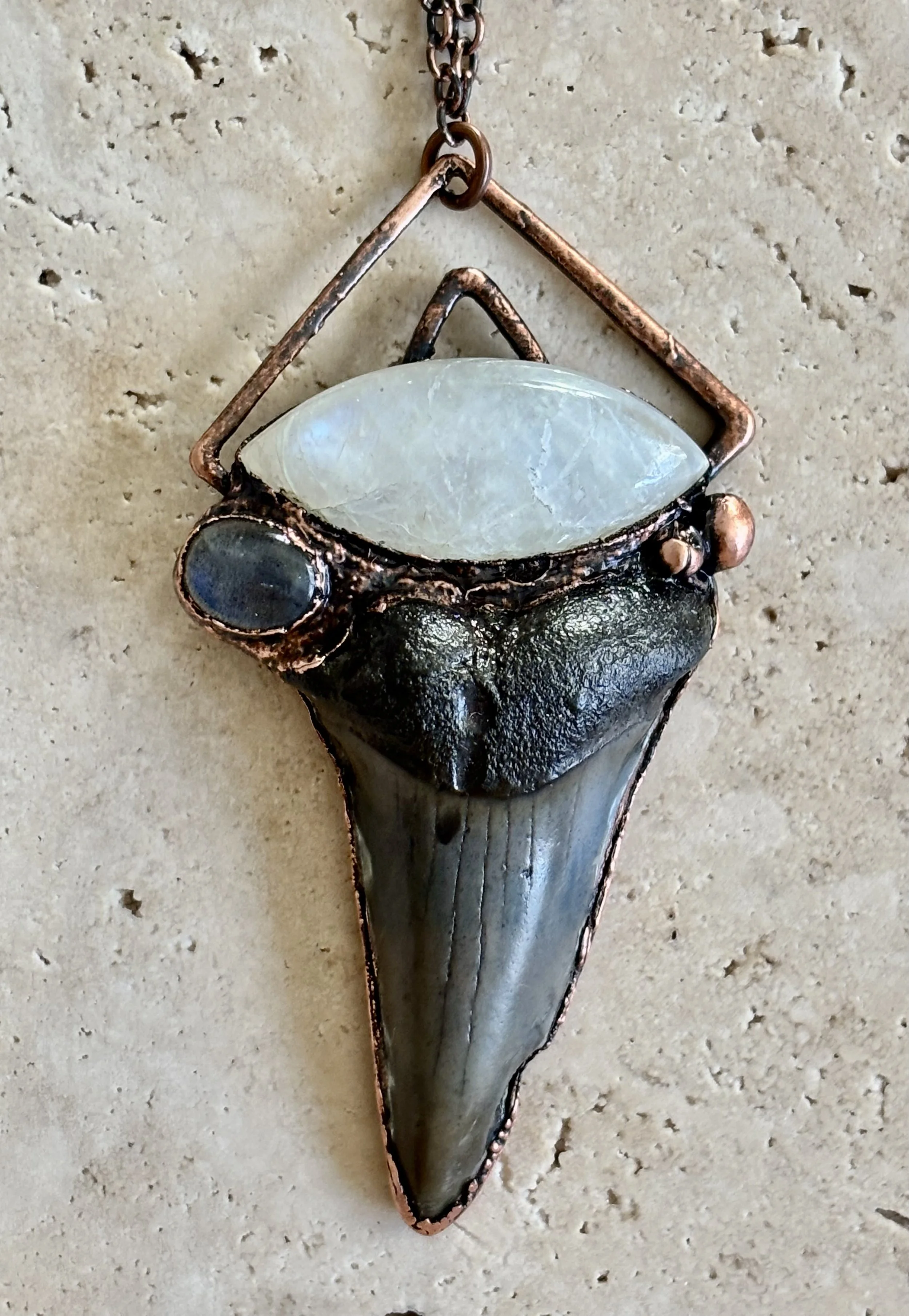Megalodon Tooth, Moonstone, Labradorite, and Copper Necklace