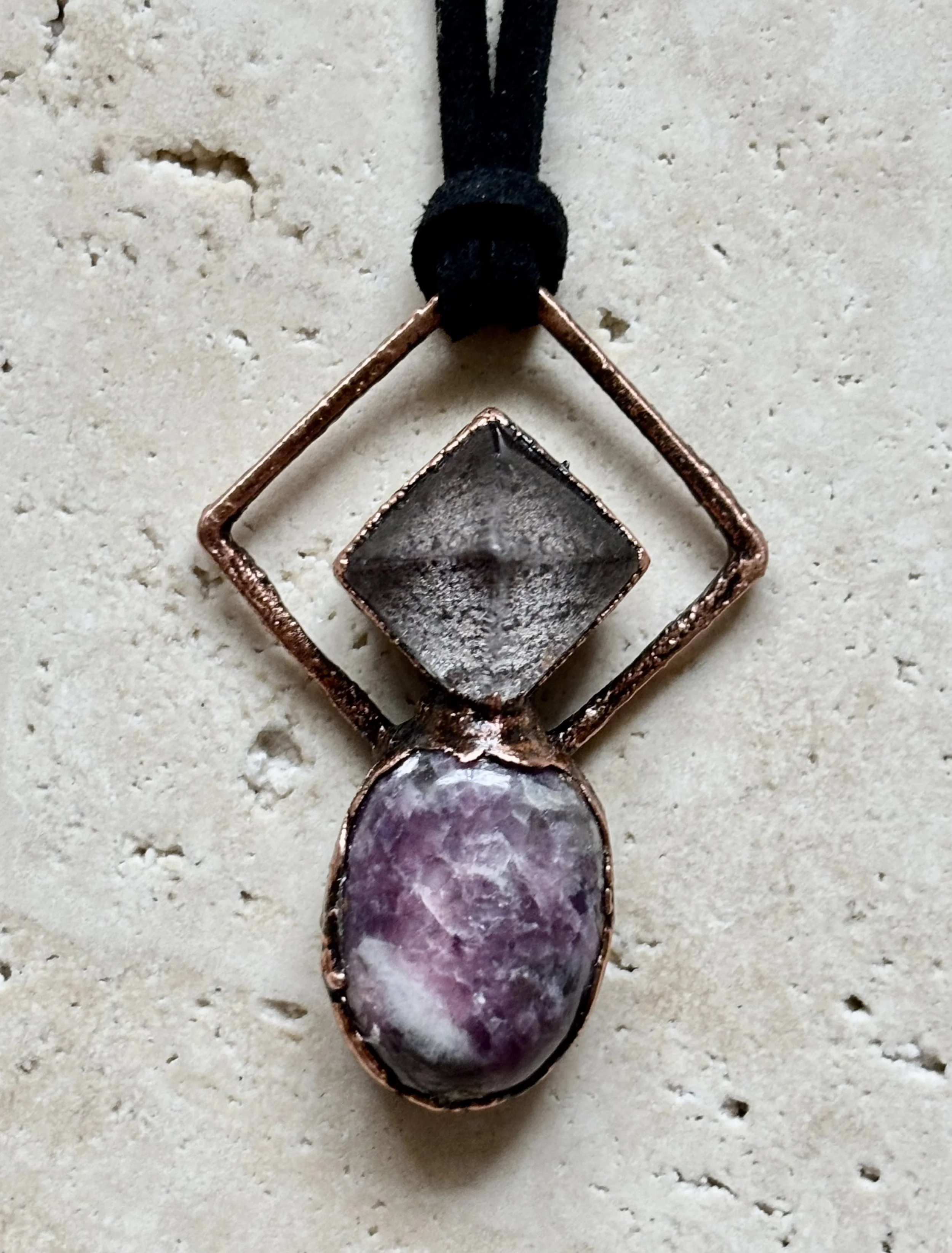 Lodalite, Lepidolite, and Copper Pendant