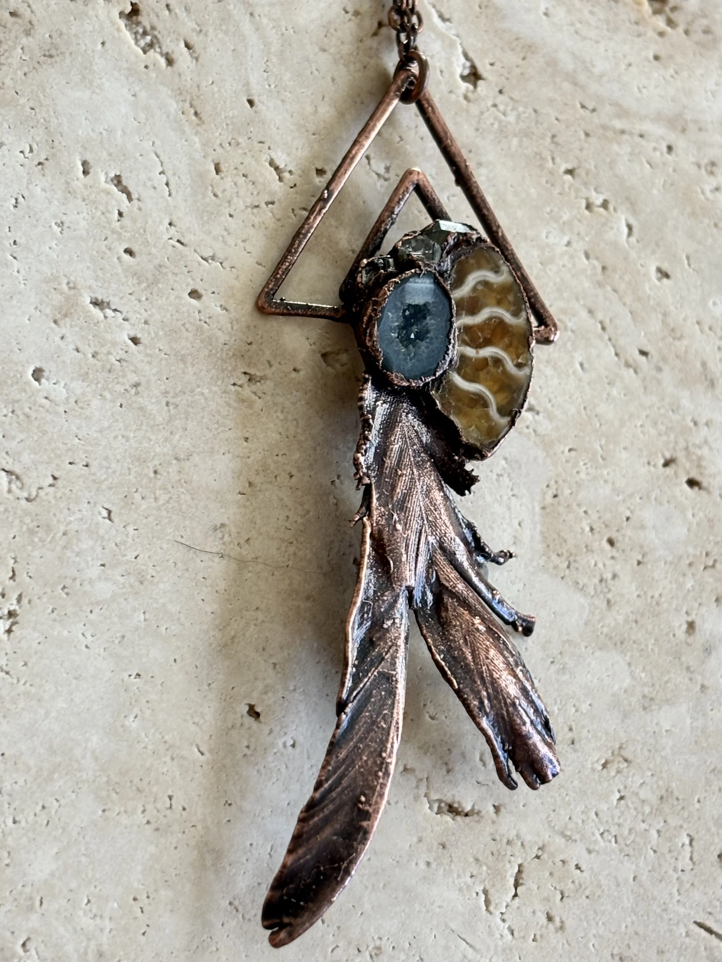 Feathers, Ammonite, Druzy Agate and Copper Necklace
