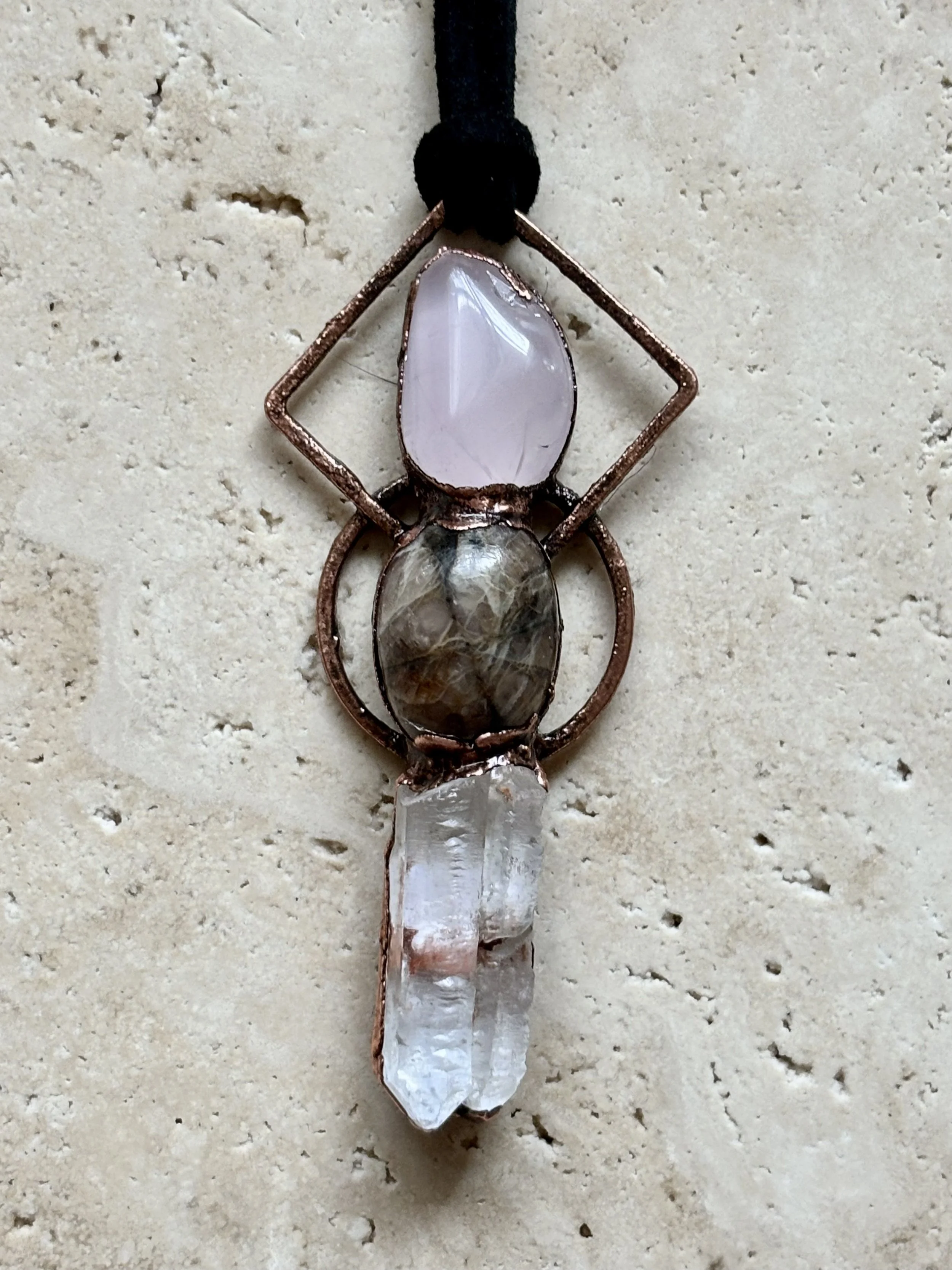 Rose Quartz, Chiastolite, Quartz, and Copper Pendant