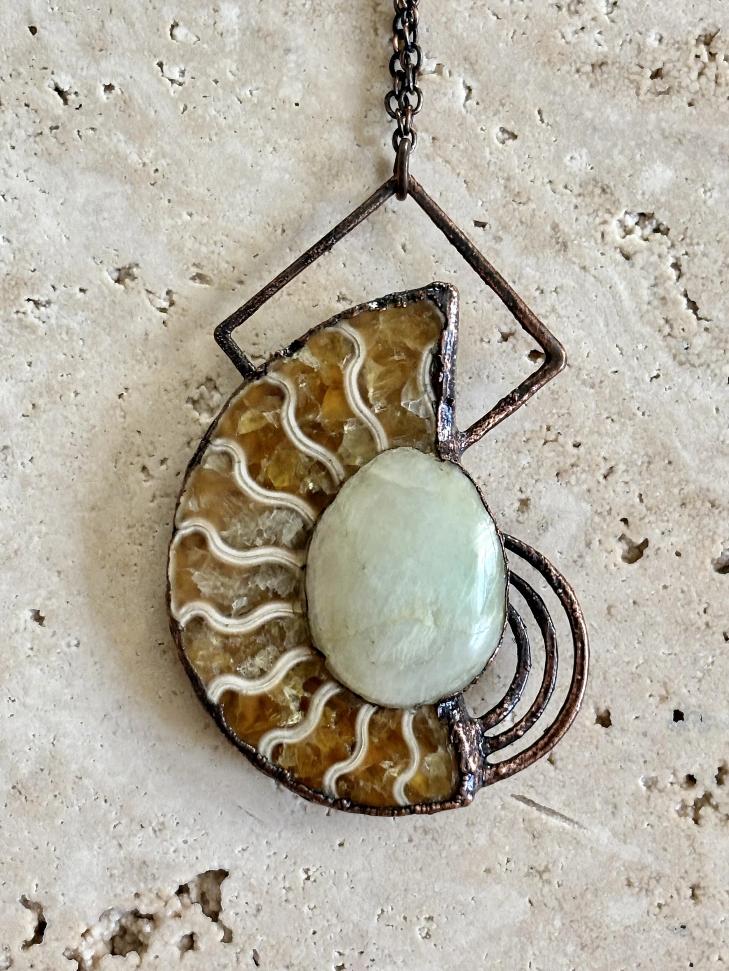 Ammonite, Garnierite, and Copper Necklace