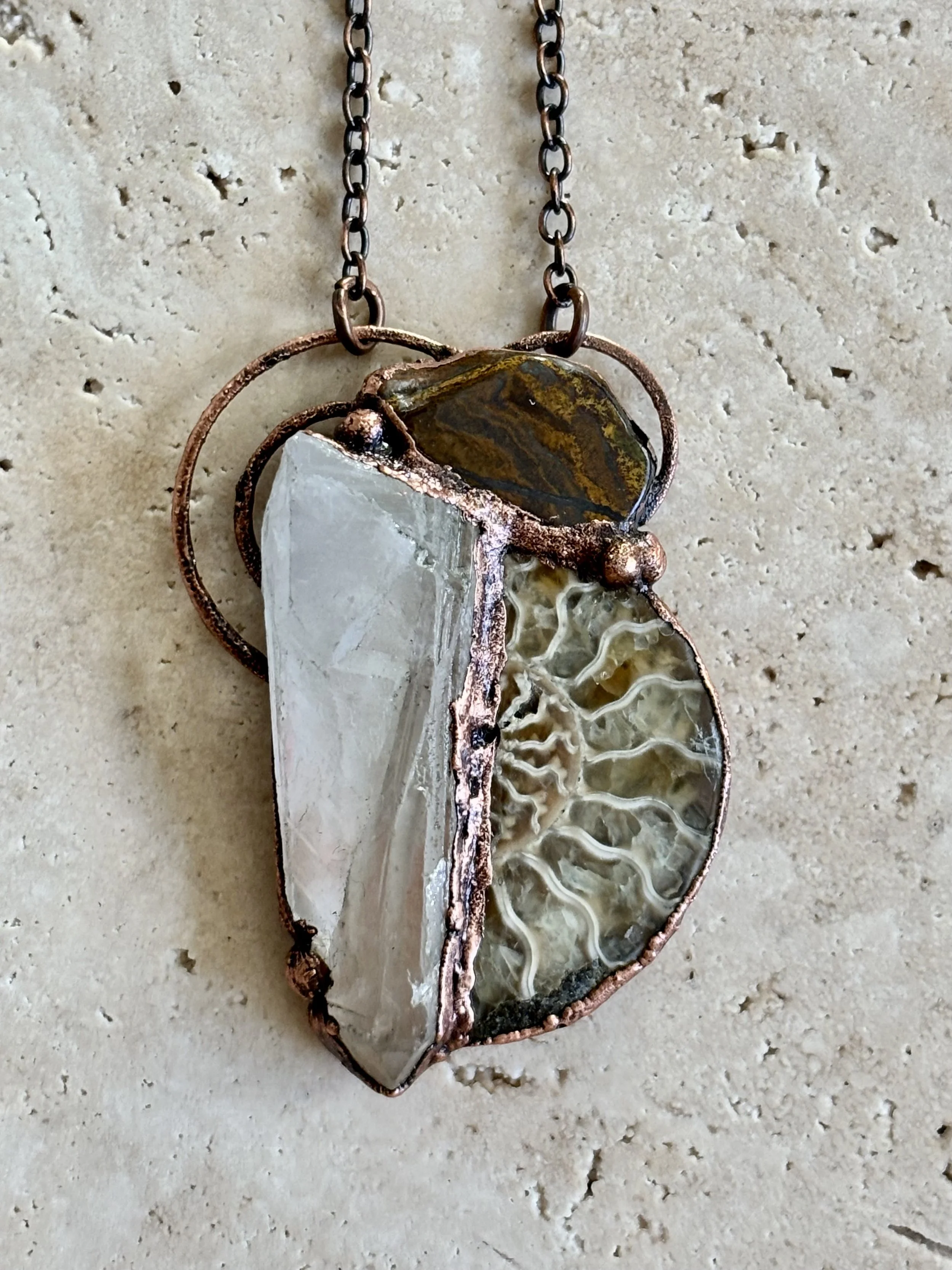 Ammonite, Quartz, and Tiger's Eye Copper Necklave