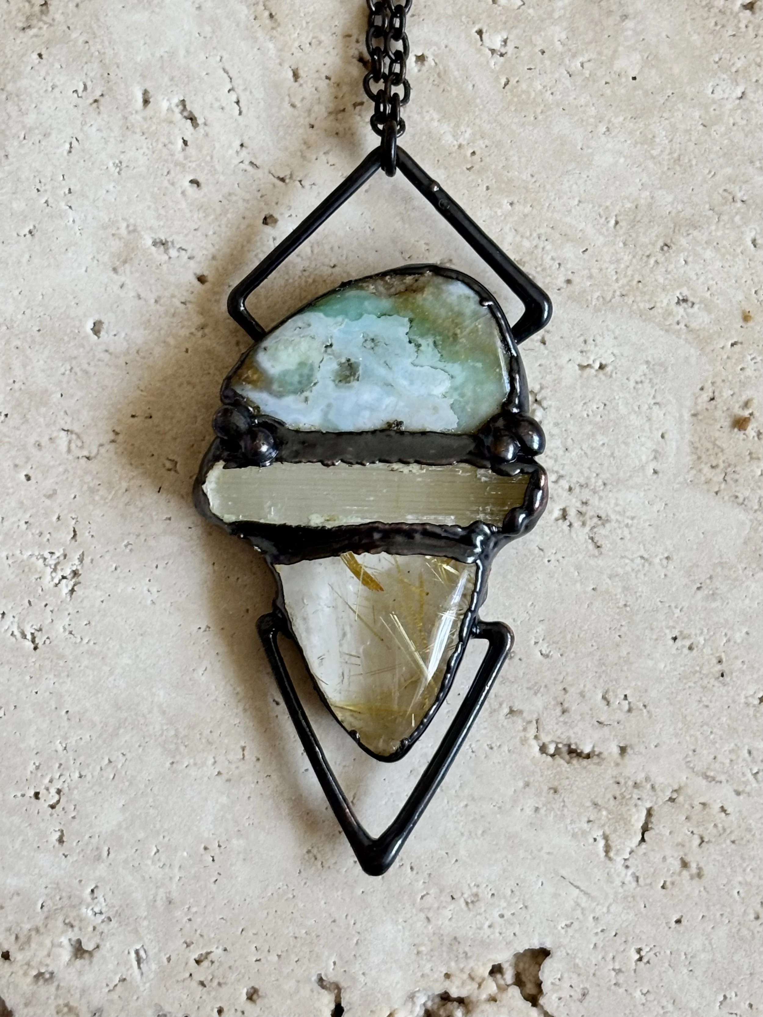 Blue Andean Opal, Selenite, Rutilated Quartz, and Copper Necklace