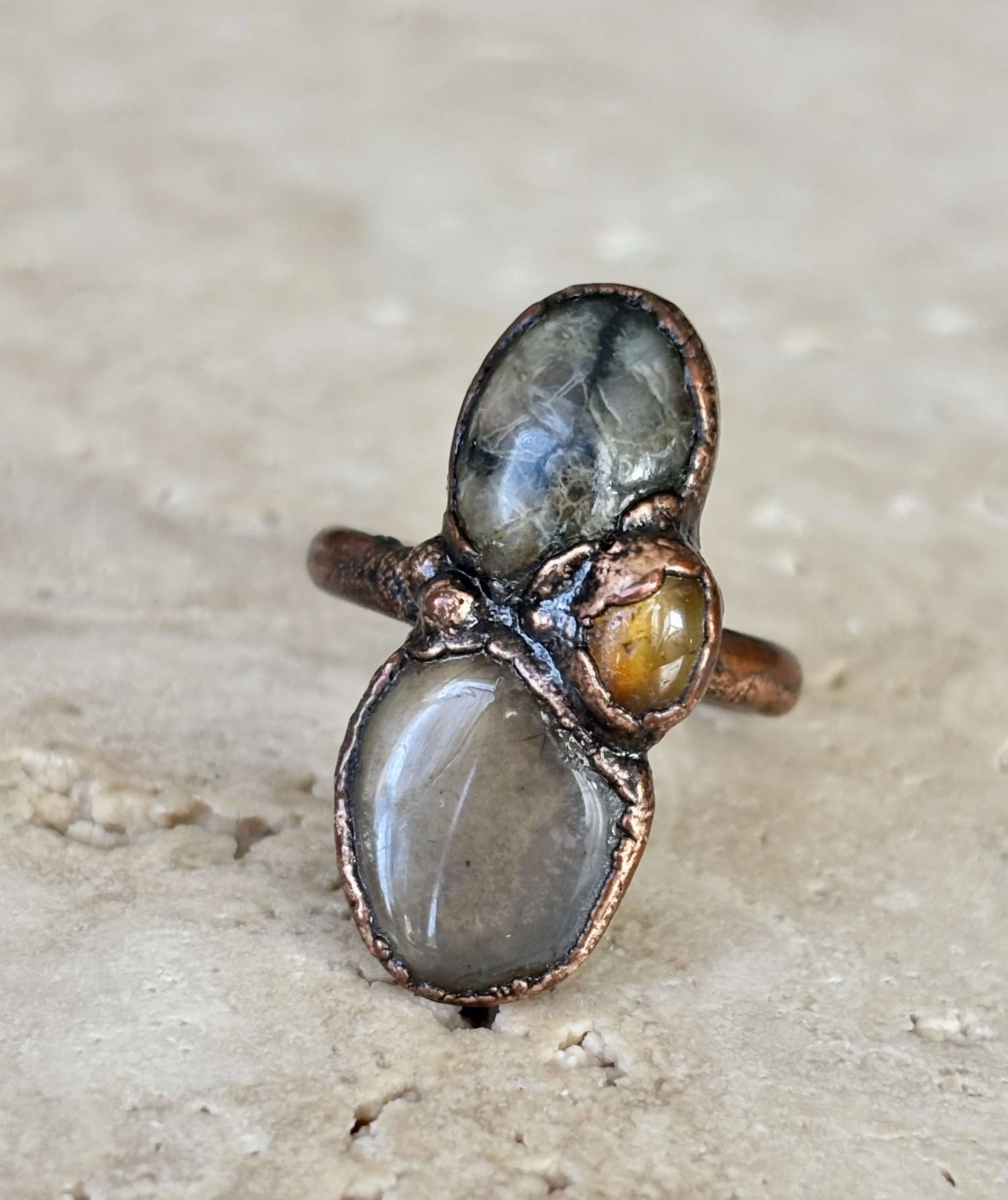 Cat Eye, Citrine, and Chiastolite Copper Ring