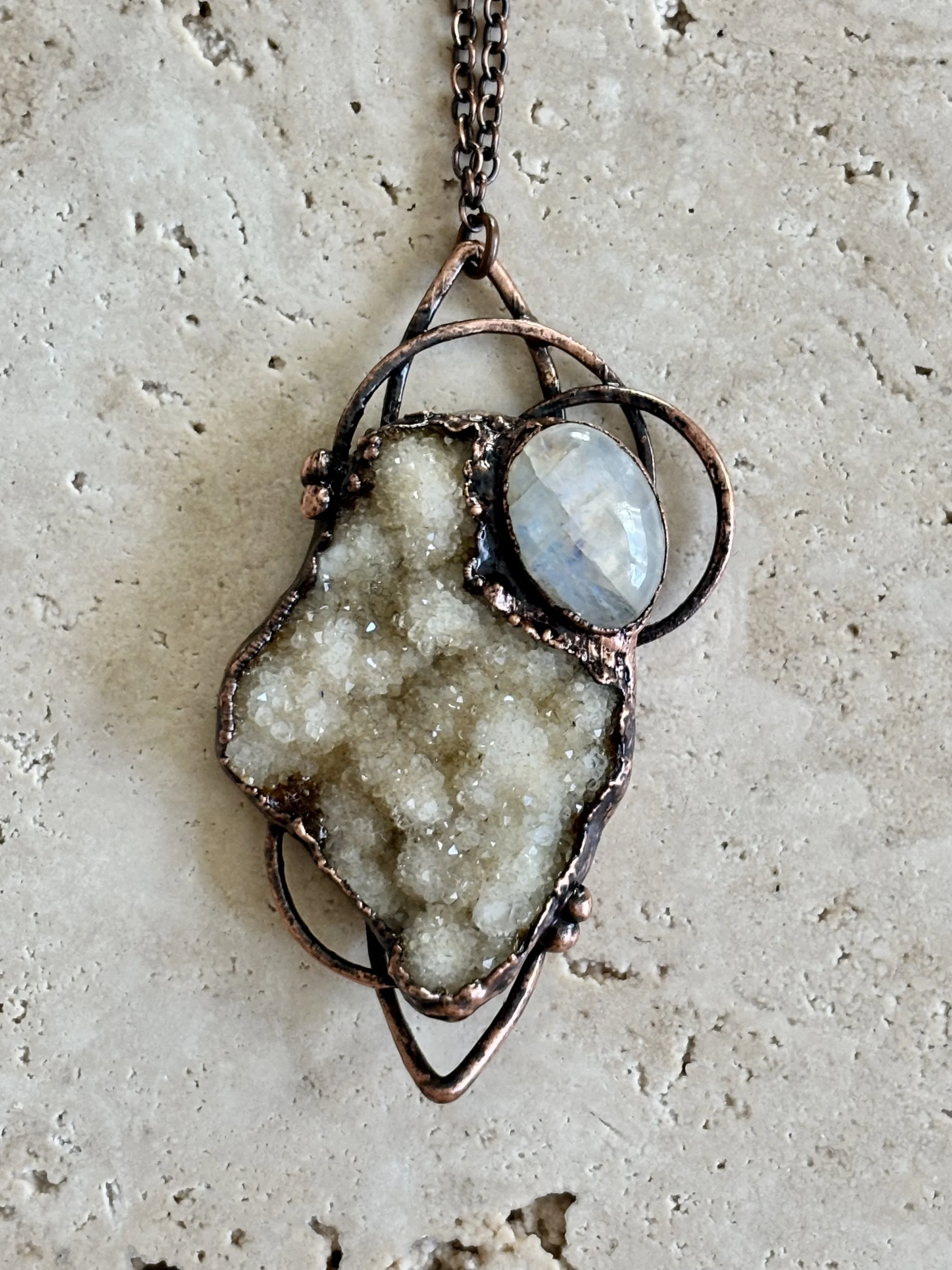 Druzy Quartz, Moonstone, and Copper Necklace