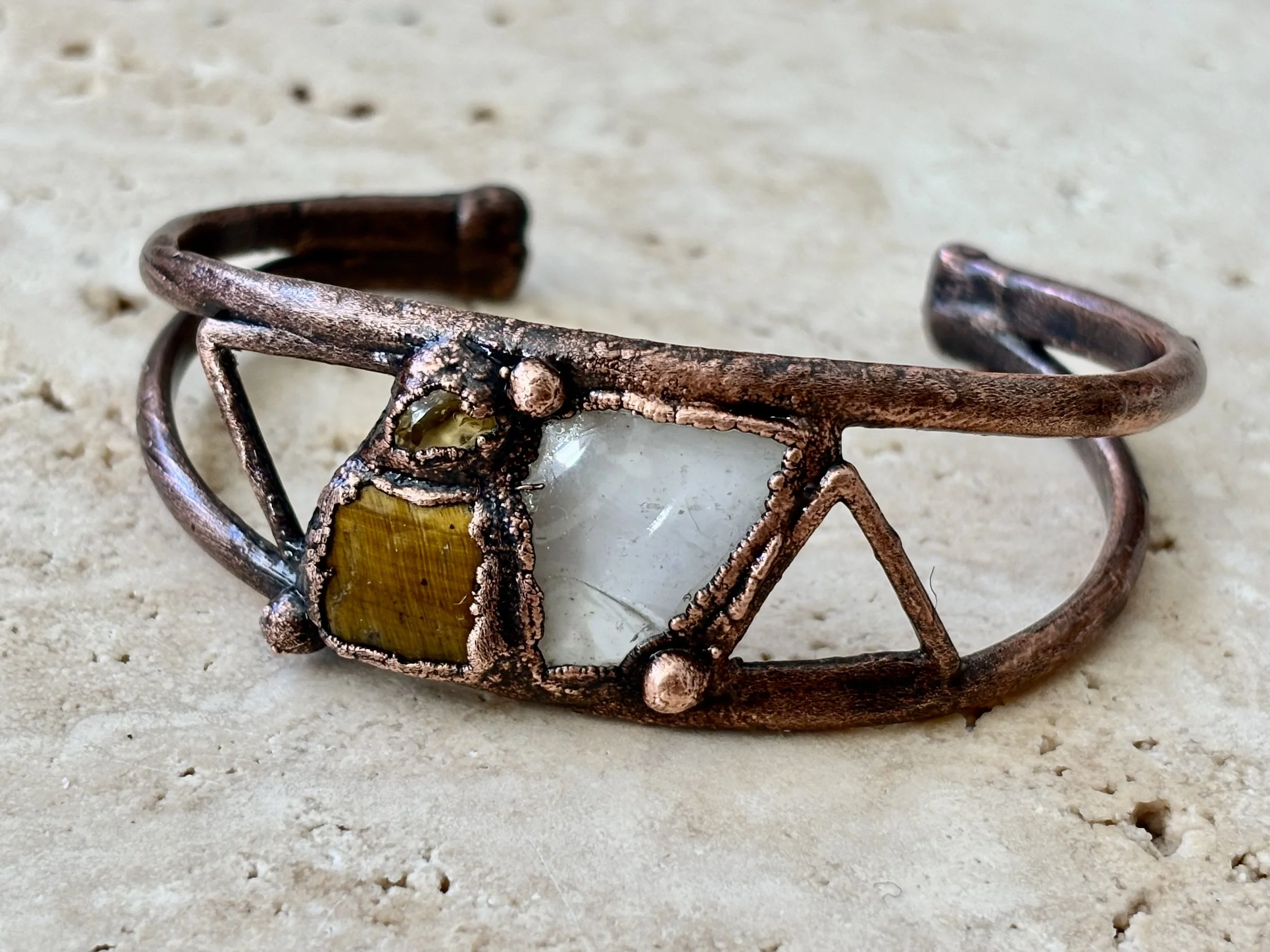 Tiger's Eye, Quartz, and Citrine Copper Bracelet