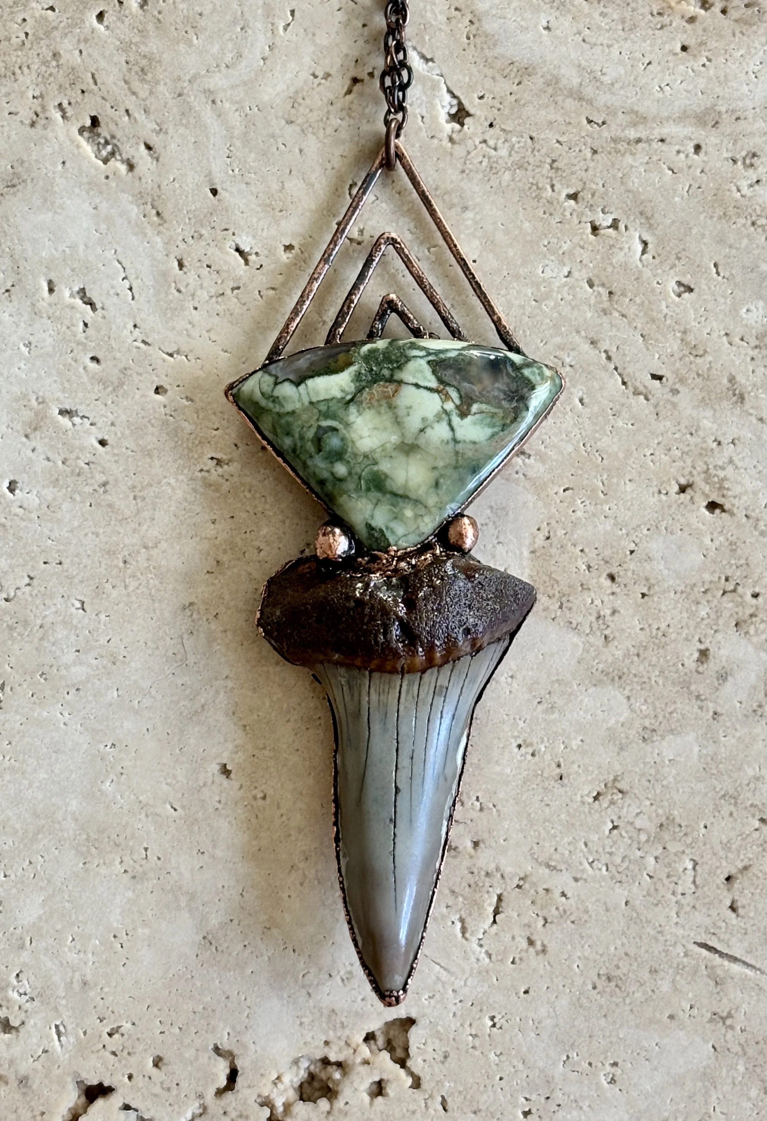Megalodon, Rainforest Jasper, and Copper Necklace