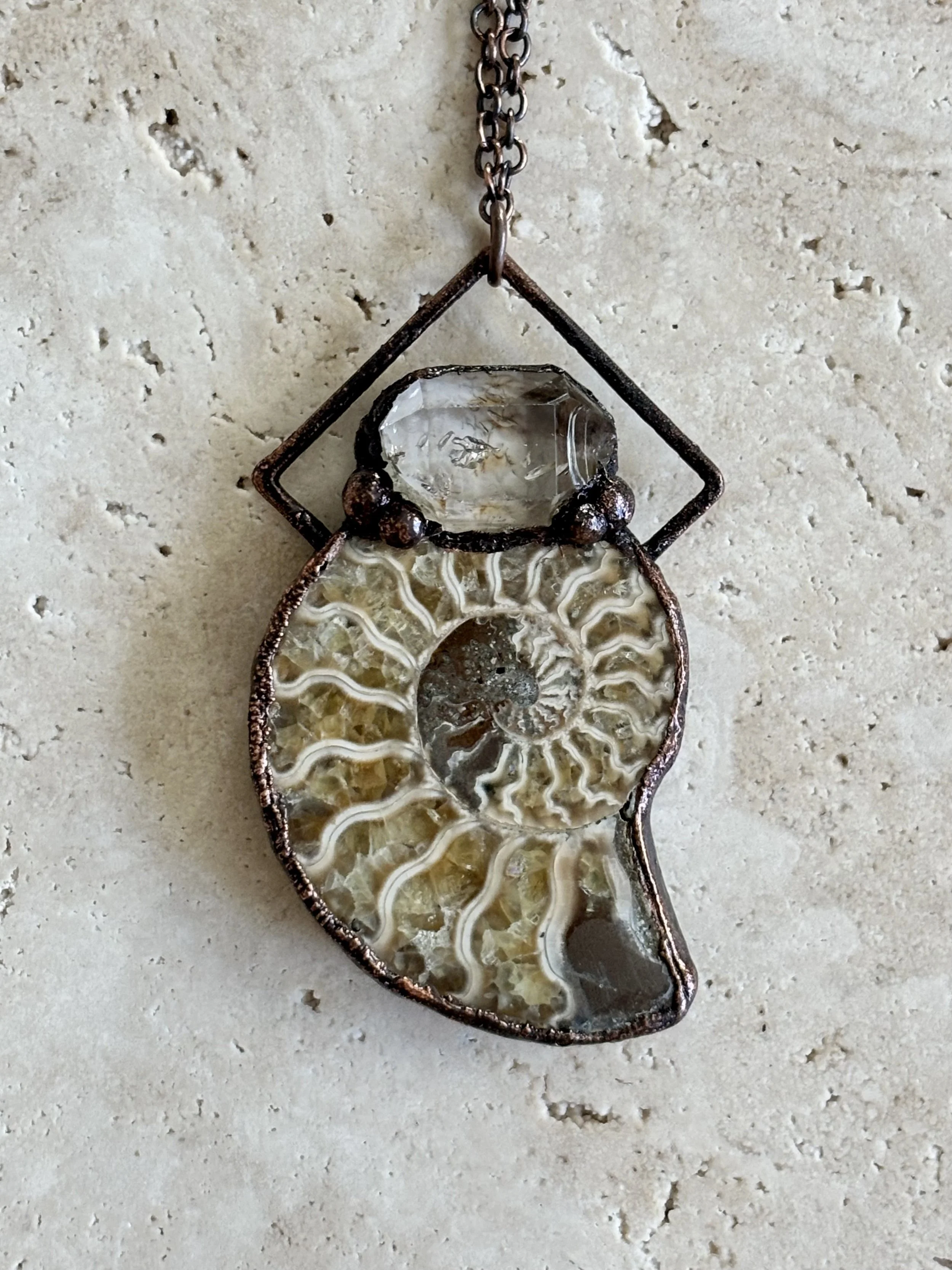 Ammonite Fossil, Hydro Quartz, and Copper Necklace