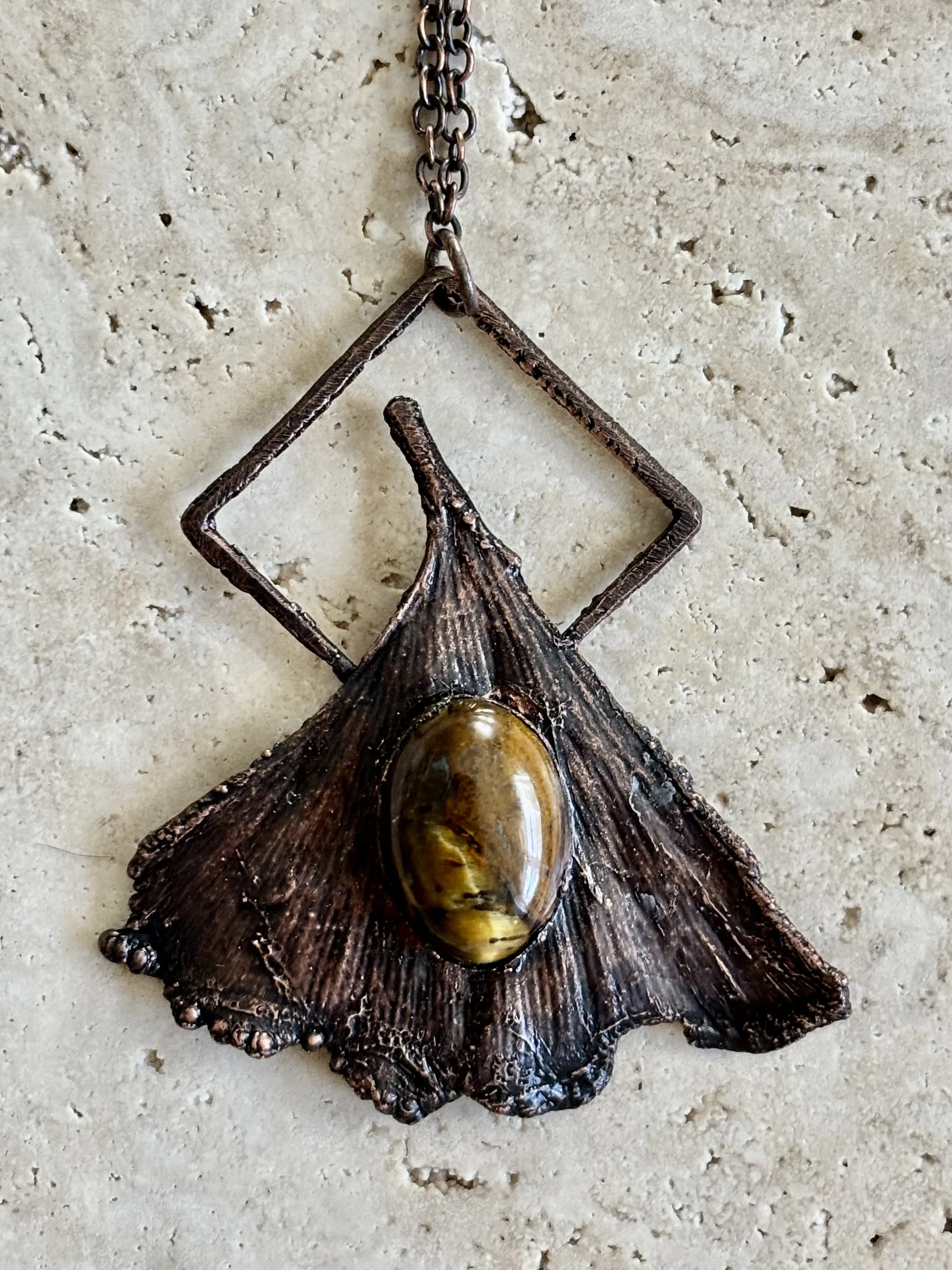 Ginkgo and Tiger's Eye Copper Necklace