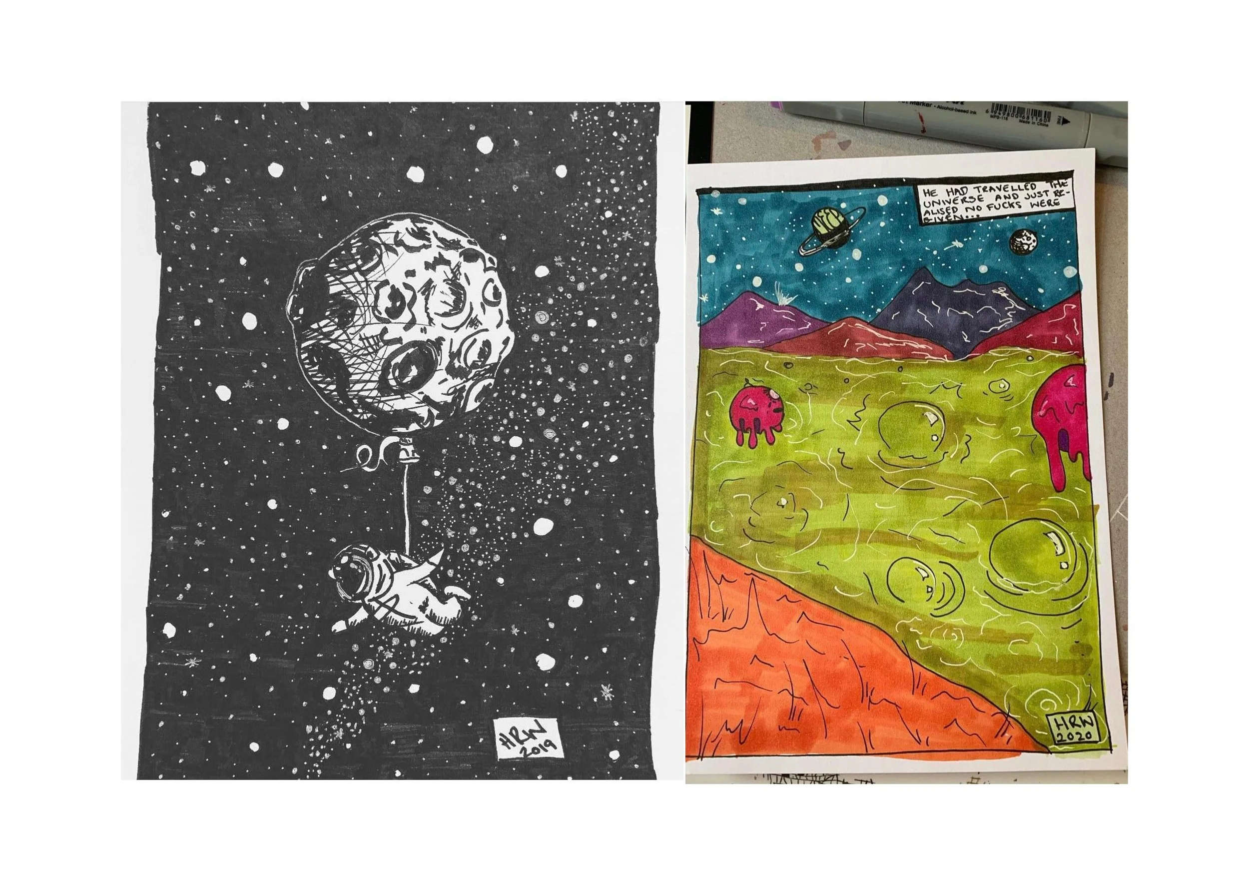 Example sketches in alcohol marker (preferred sketching medium)
