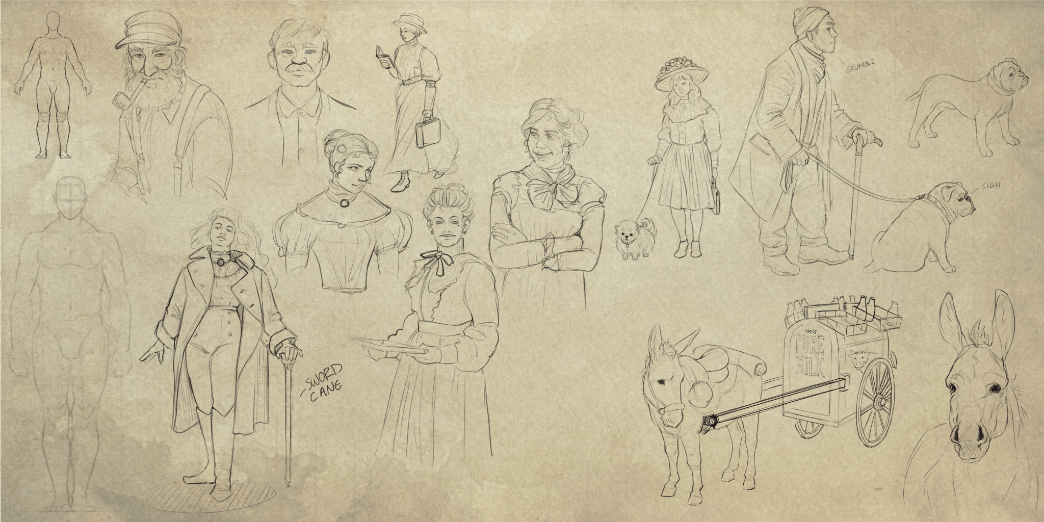Some of the first early character sketches by Katie Noble, figuring out what the average citizen of Lewthport may look like