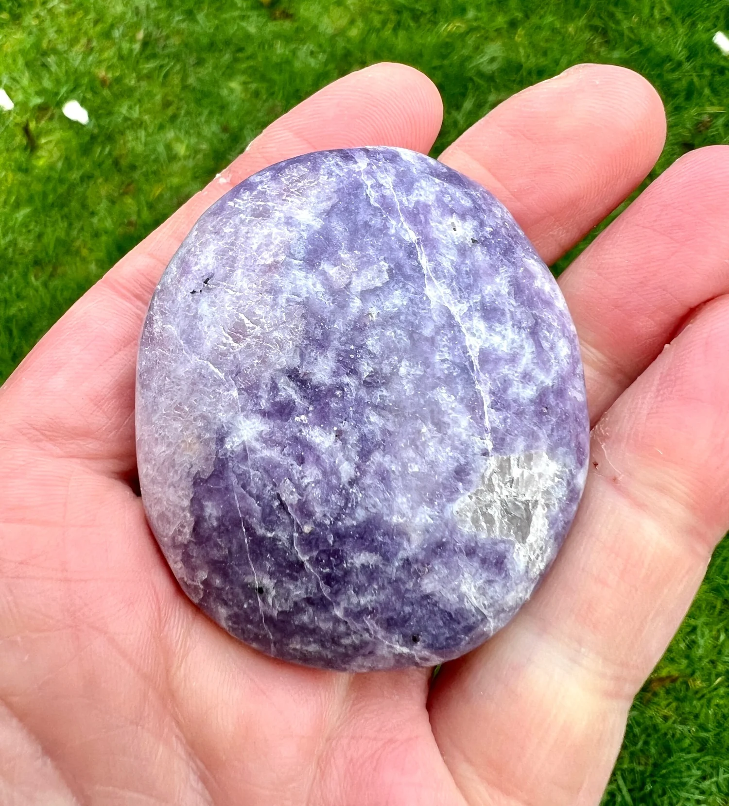Lepidolite Palmstone with Smokey Quartz and Peach Moonstone inclusions Purple Mica Crystal Healing 89 grams Moonlight Reflection