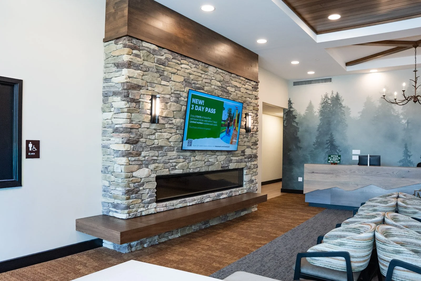 A look inside the finished timeshare sales building.