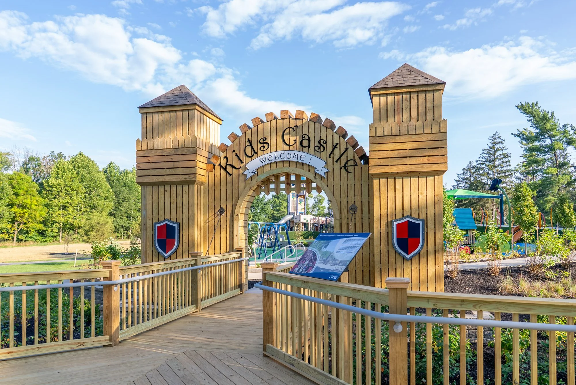 The rebuilt Kids Castle playground at Purcell Park, complete with a new drawbridge entrance and climbing tower.