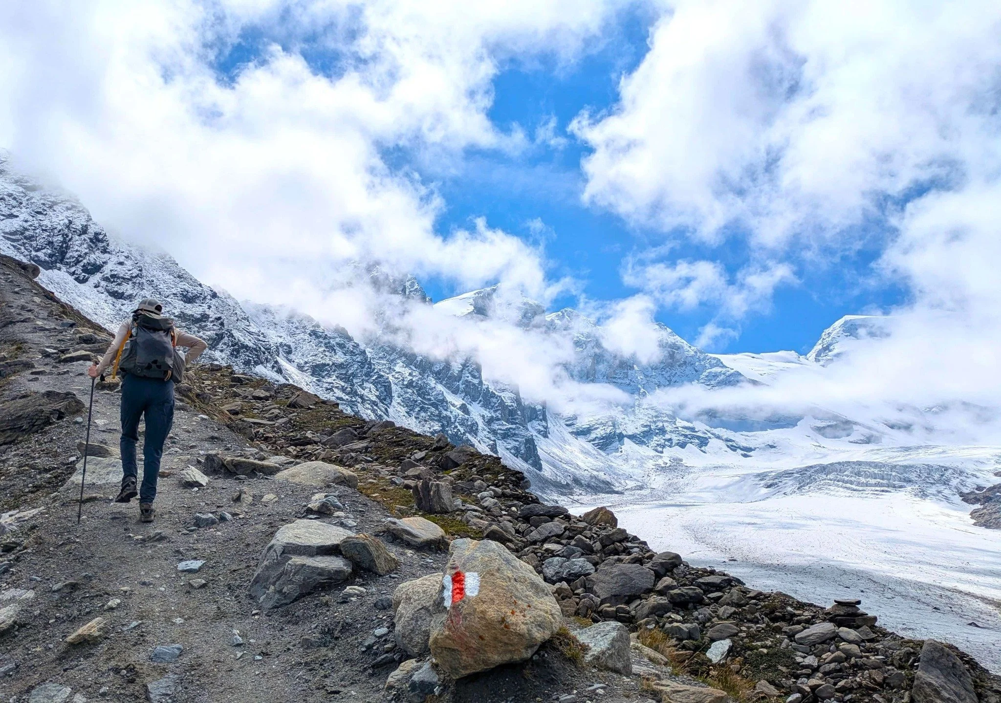The Tour des Combins is a fantastic trail for combining spectacular alpine views, with relatively quiet trails. Our client Christopher sent in this photo from the ascent to the Cabane FXB &agrave; Panossi&egrave;re, overlooking the Glacier de Corbass