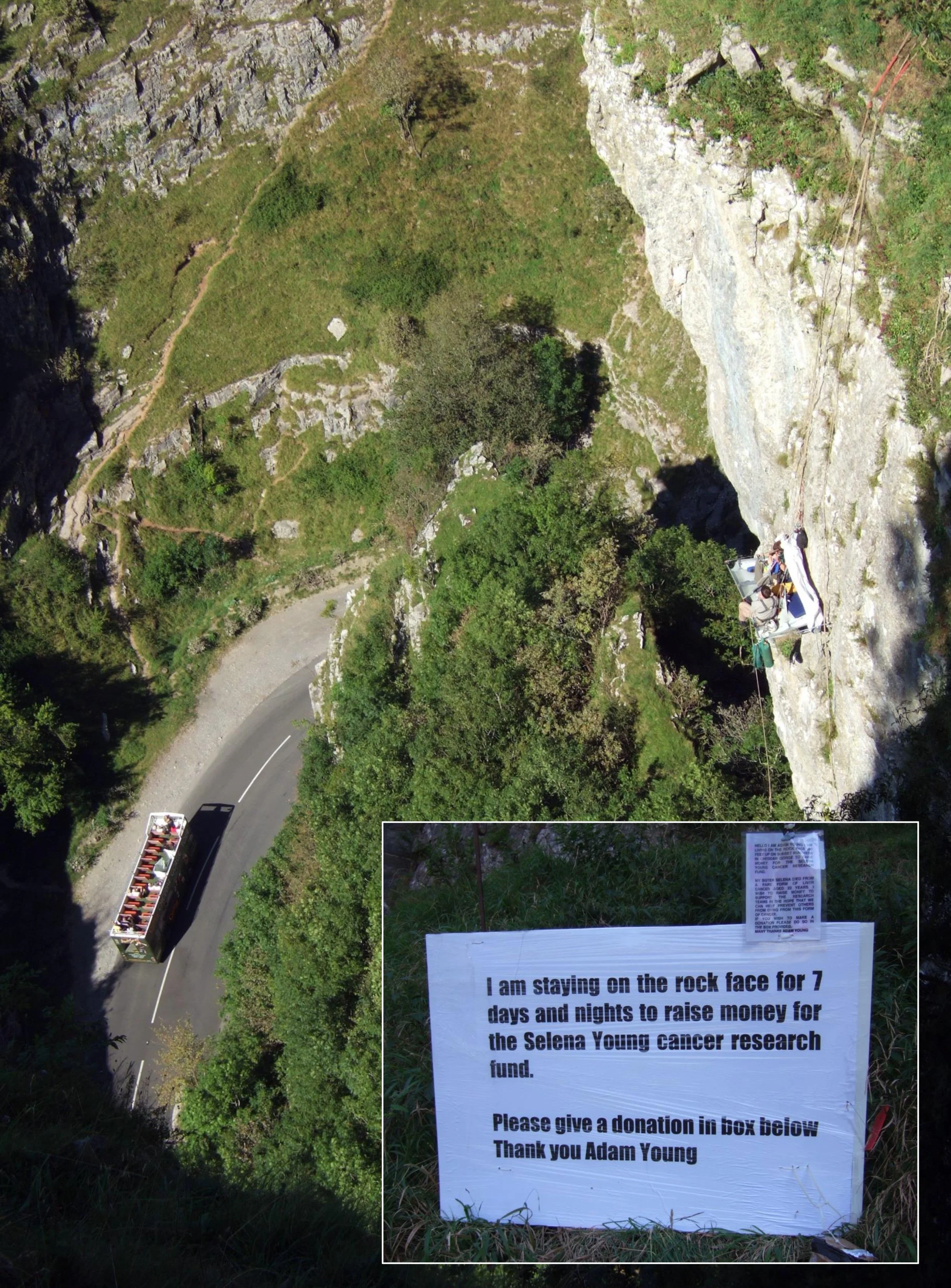 The Gorge landscape provides a high profile to deserving causes. With Cheddar Caves & Gorge’s approval Adam Young occupies a porta-ledge strapped to Sunset Buttress for seven days to raise money for the Selena Young Cancer Research Fund. Pic: Martin