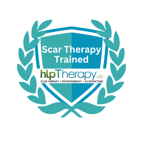 Logo with shield and laurel leaves for HLP Therapy, featuring text 'Scar Therapy Trained' and indicating services like scar therapy, physiotherapy, and acupuncture.