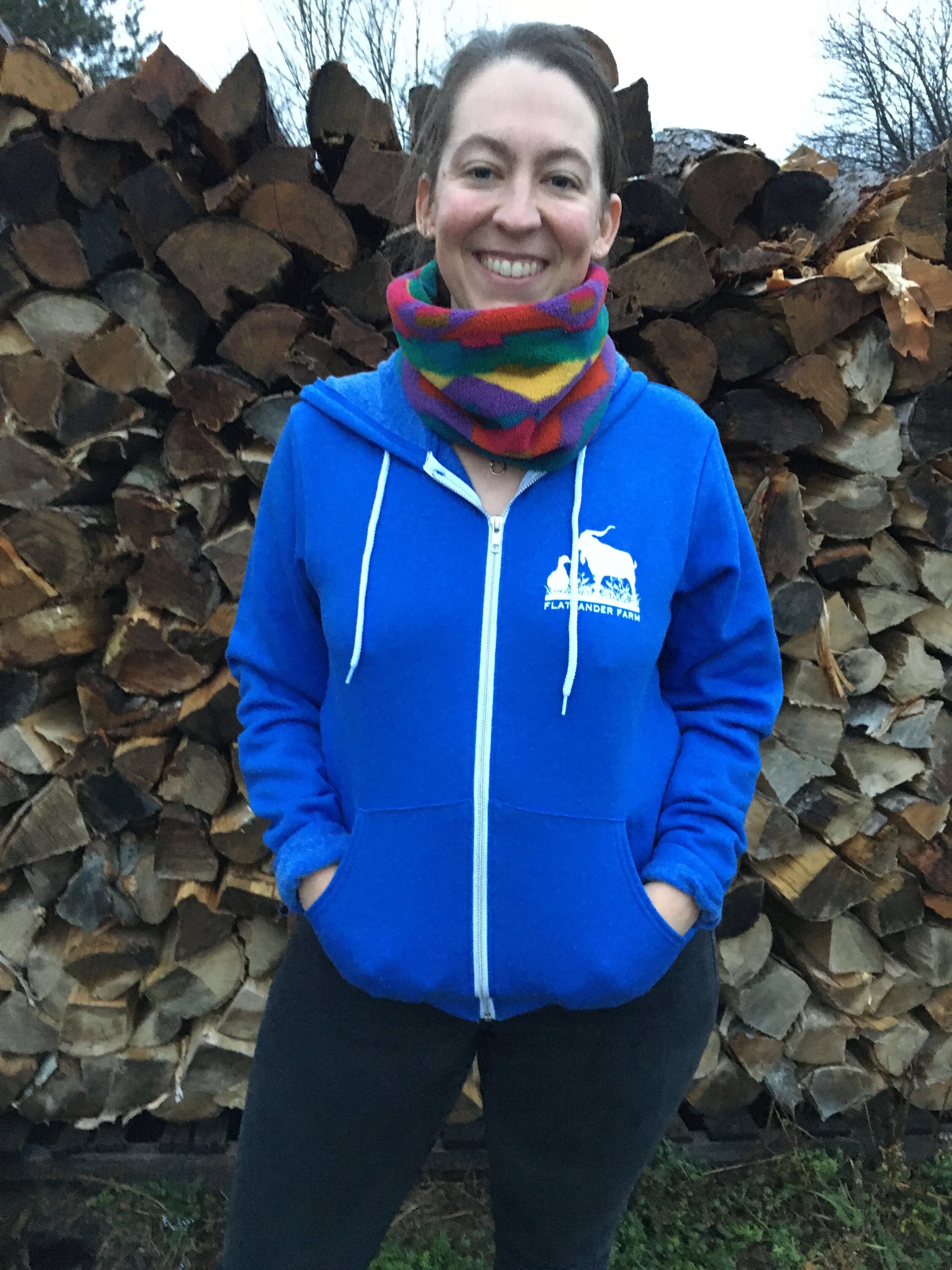 blue Flatlander Farm zip up sweater on Lisa