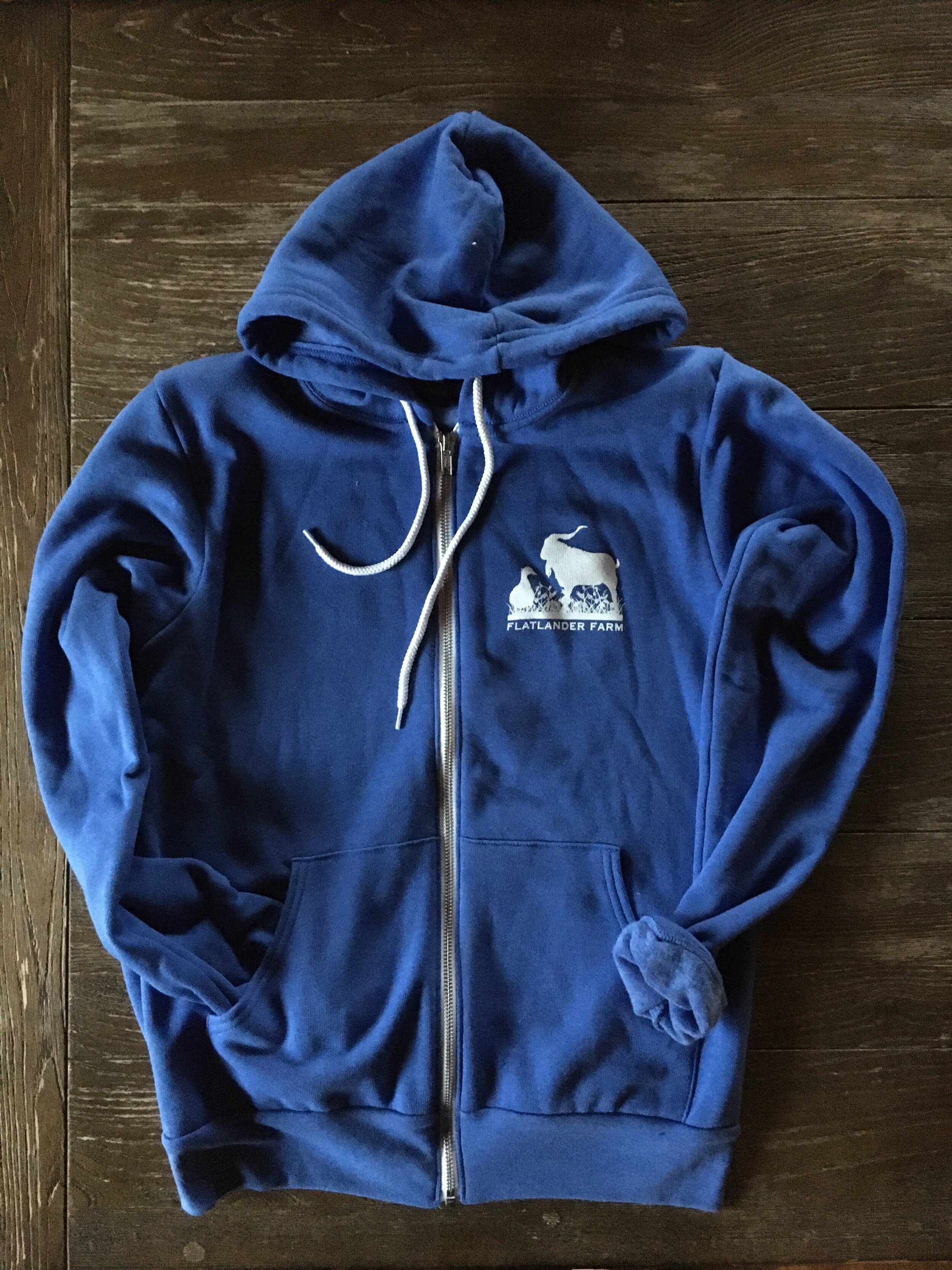 blue Flatlander Farm zip up sweater